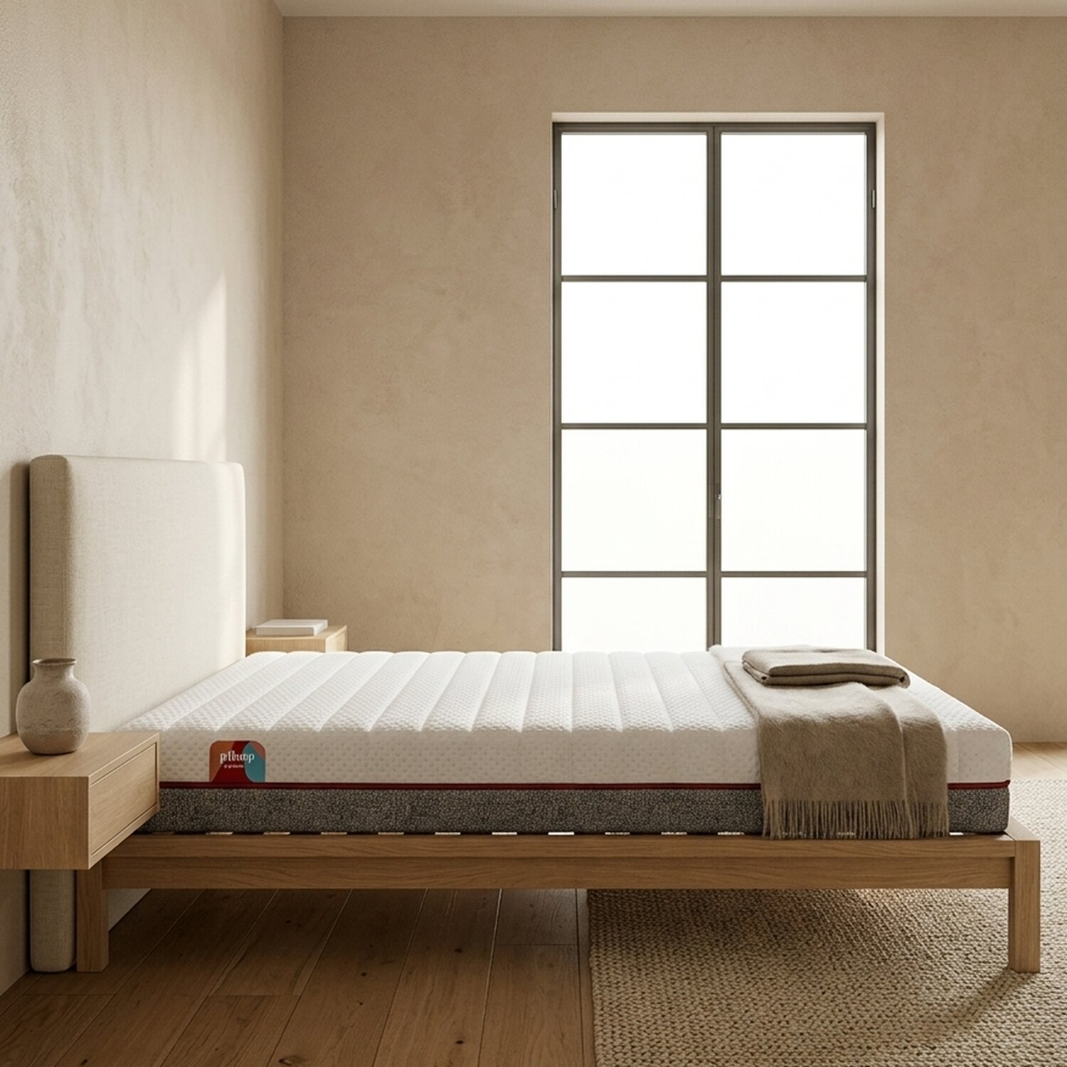 Un dormitorio minimalista con una cama de madera, un colchón blanco, una manta y una ventana grande.