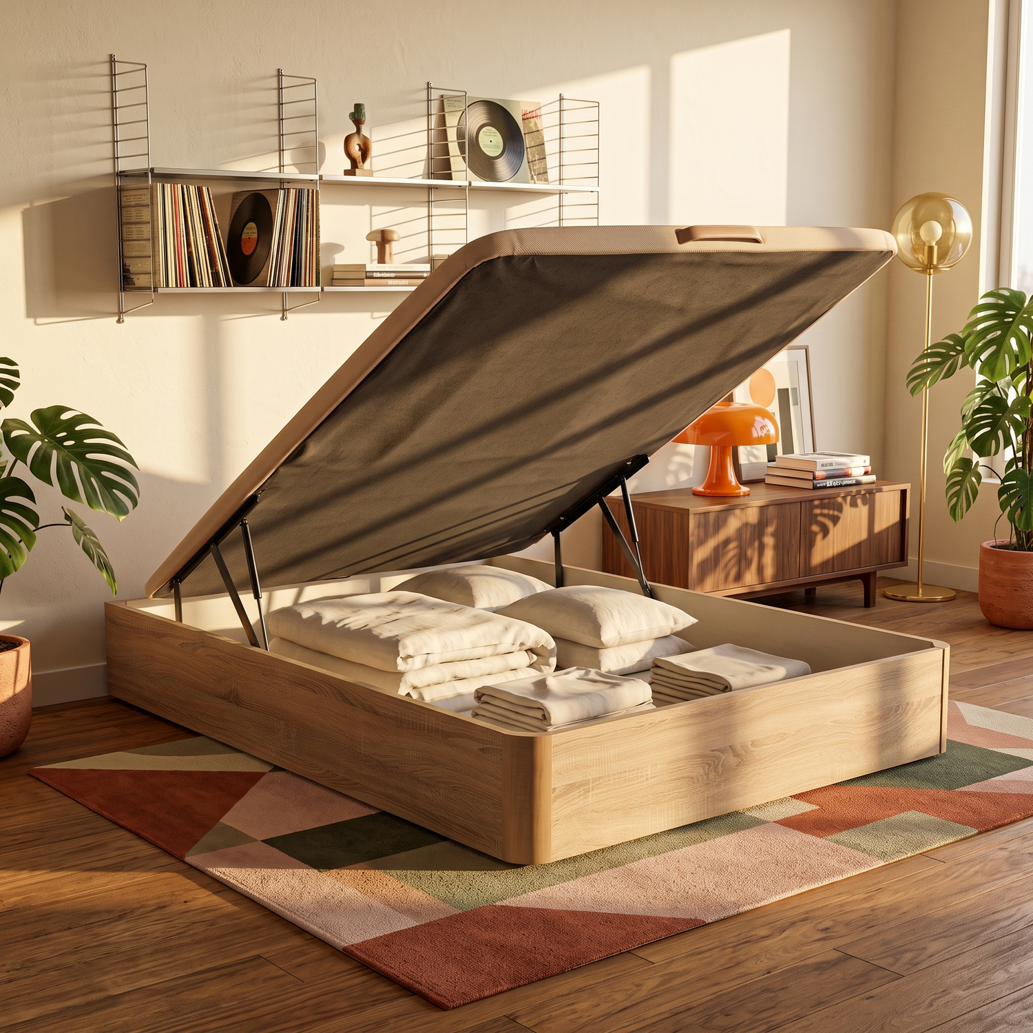 Una cama con almacenamiento de madera y el somier levantado, mostrando ropa de cama plegada en una habitación soleada.