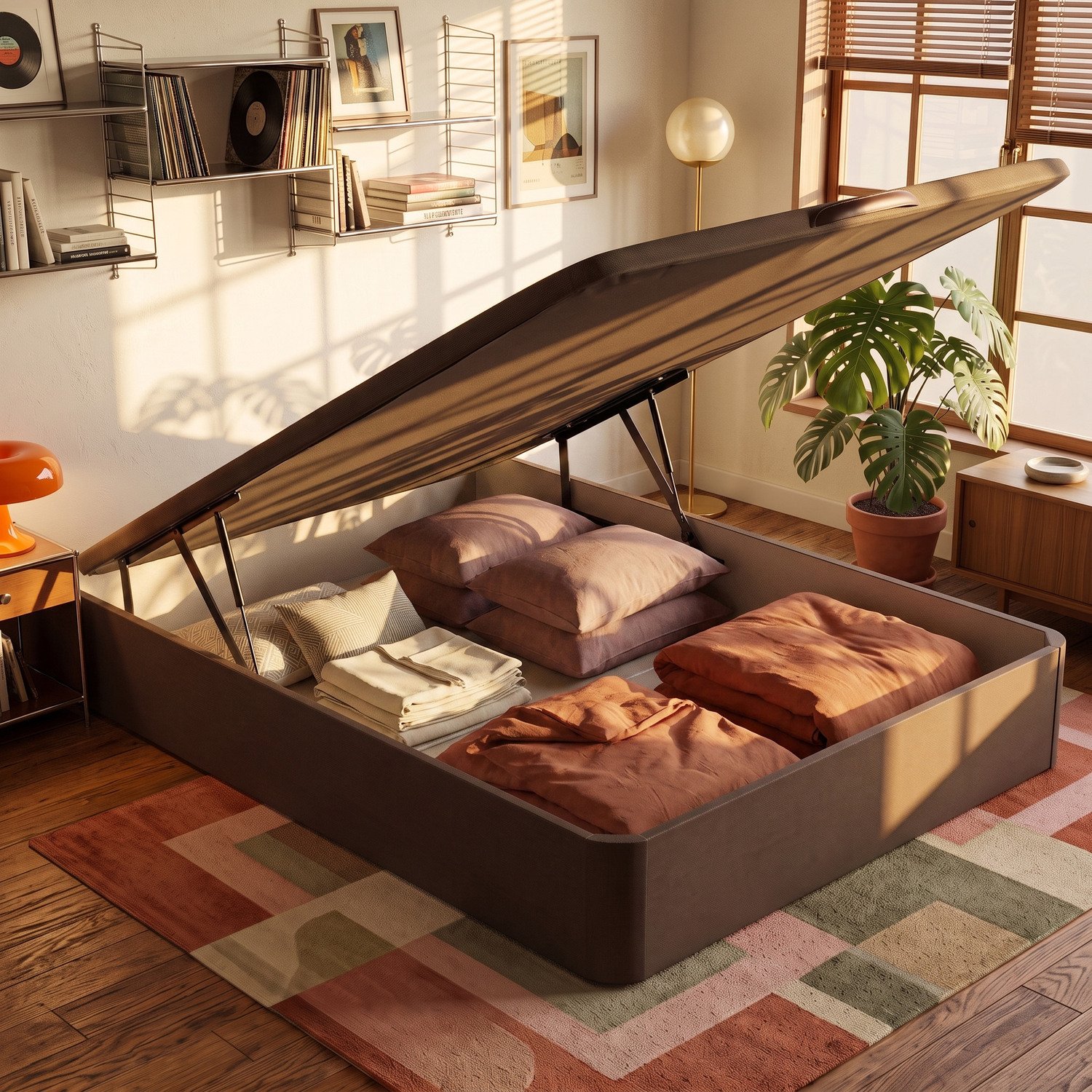 Una cama de almacenamiento marrón abierta, llena de almohadas y mantas, en una habitación soleada.