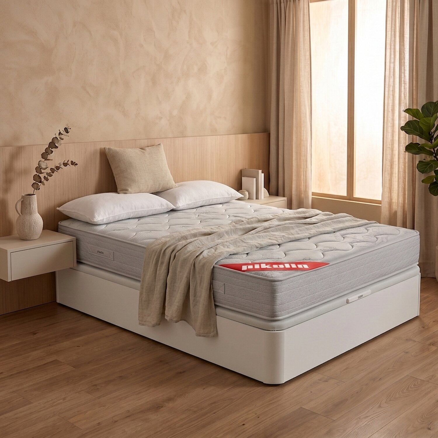 Cama blanca con colchón gris en un dormitorio luminoso con suelo de madera y cortinas.