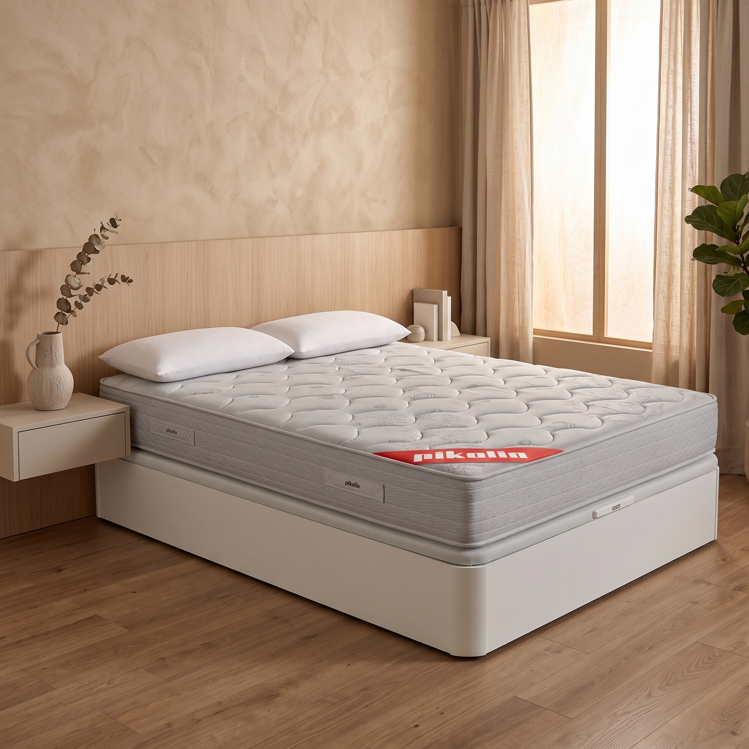 Una cama blanca con un colchón gris en un dormitorio luminoso con suelo de madera y cortinas.