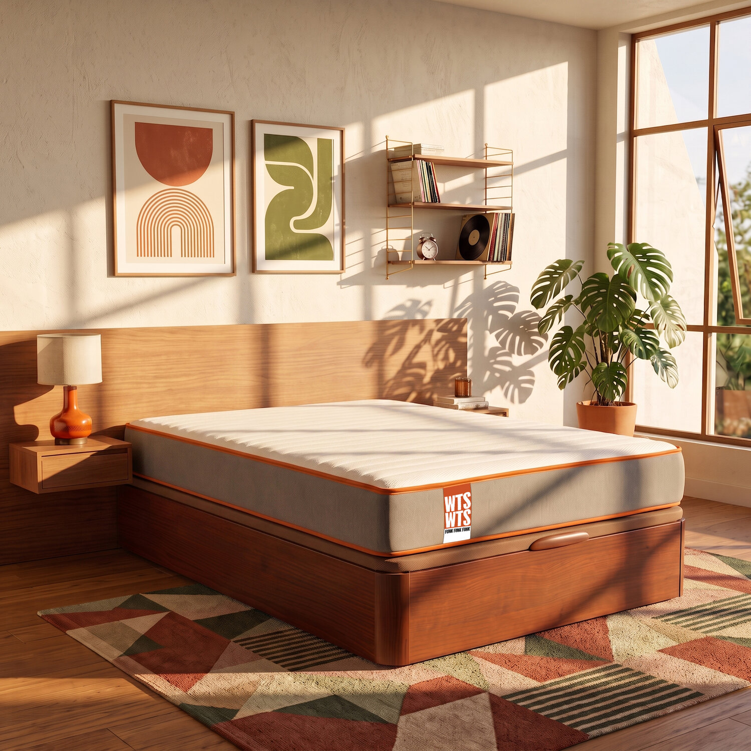 Dormitorio moderno con cama de madera, colchón con almacenamiento, arte abstracto, estantes y planta a la luz del sol.