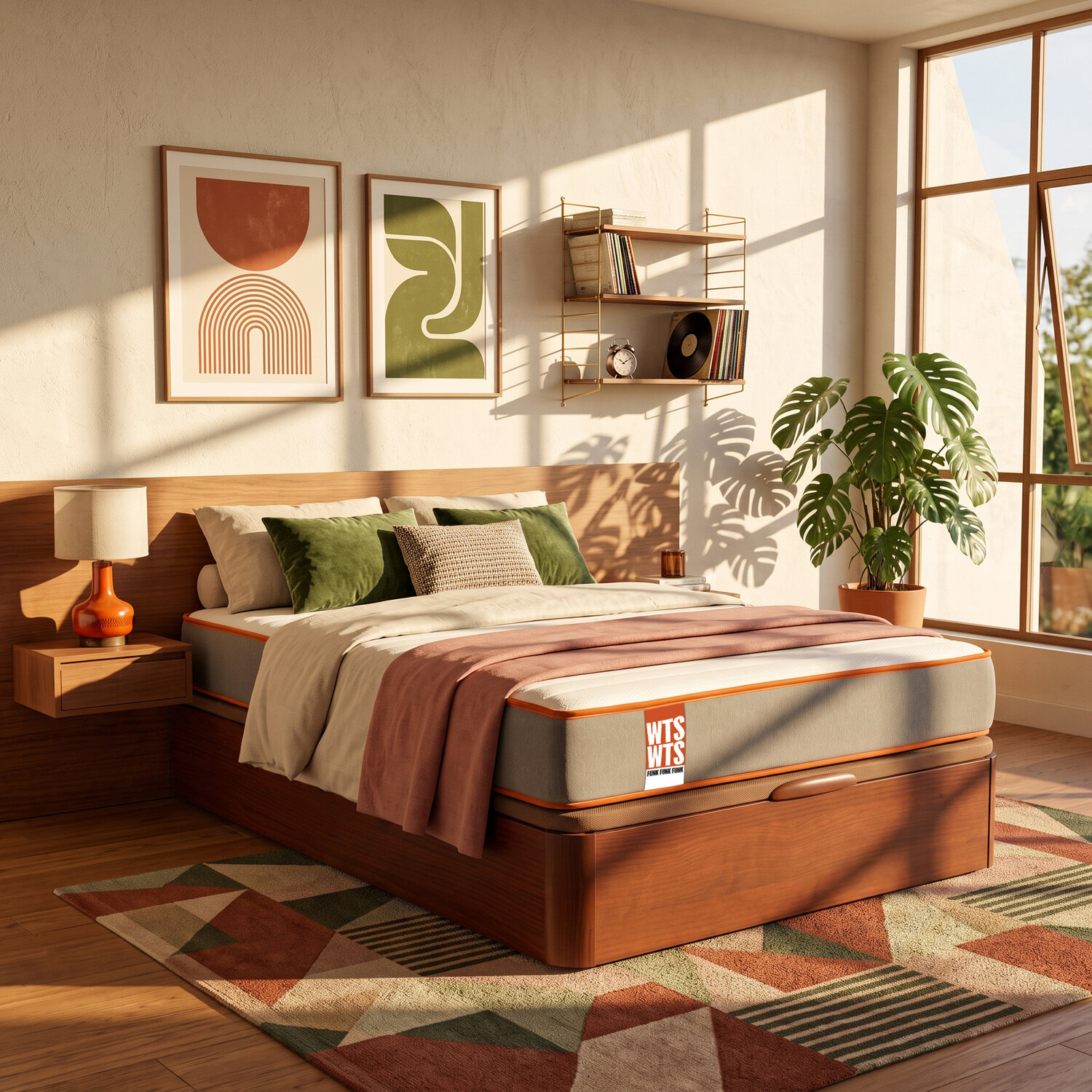 Dormitorio soleado con cama de madera, cojines verdes, arte de pared, estantería, planta y alfombra geométrica.