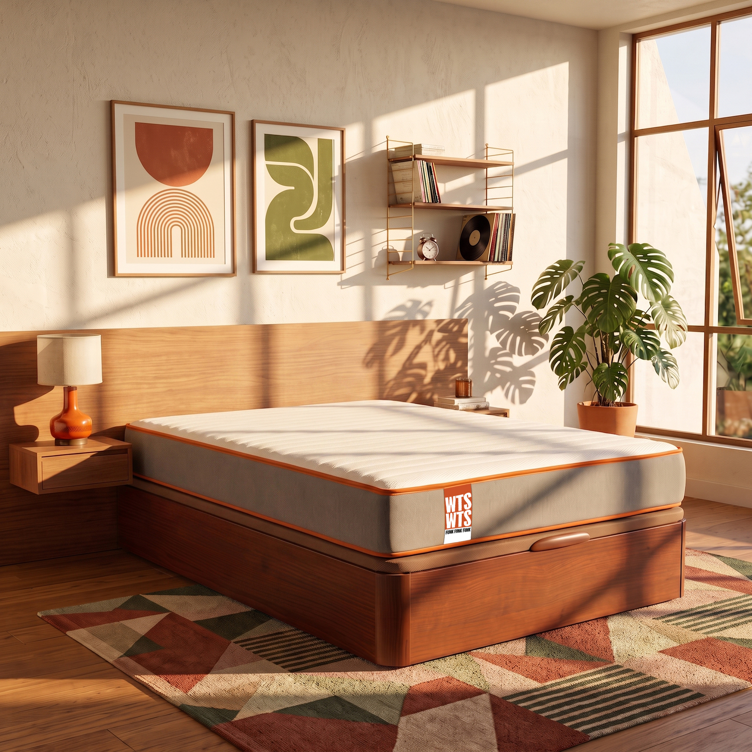 Un dormitorio soleado con cama de madera, lámpara naranja, arte y planta.