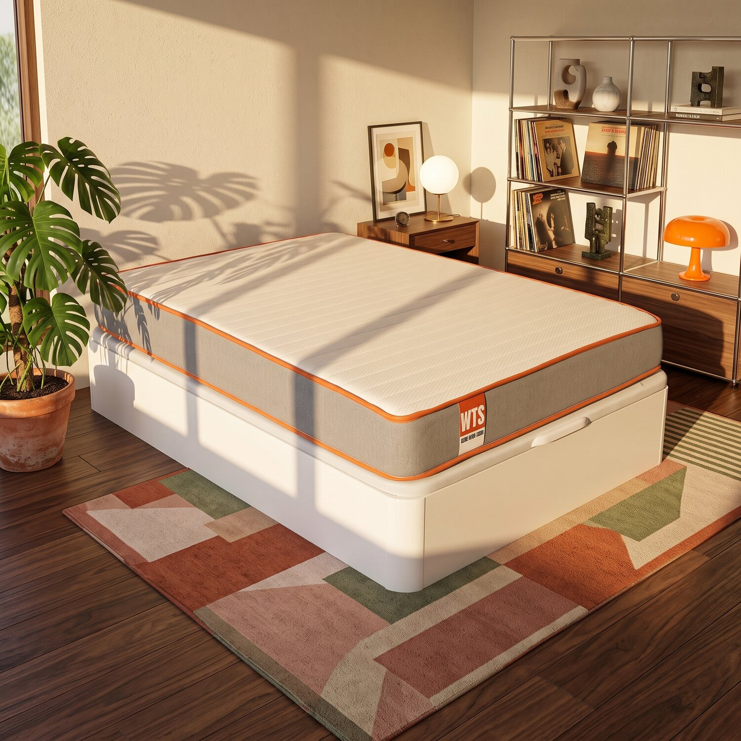 Una cama blanca y gris con ribete naranja sobre una alfombra estampada en una habitación soleada con plantas y estantes.