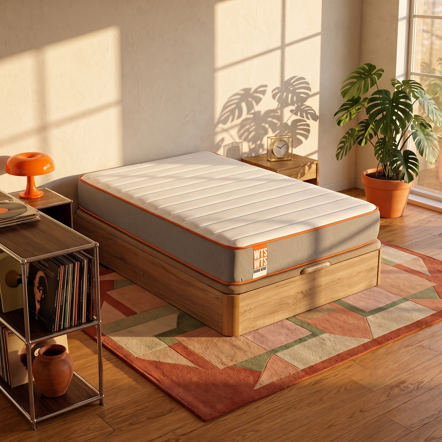 Una cama blanca y gris con ribete naranja sobre una alfombra estampada en una habitación soleada con una planta.