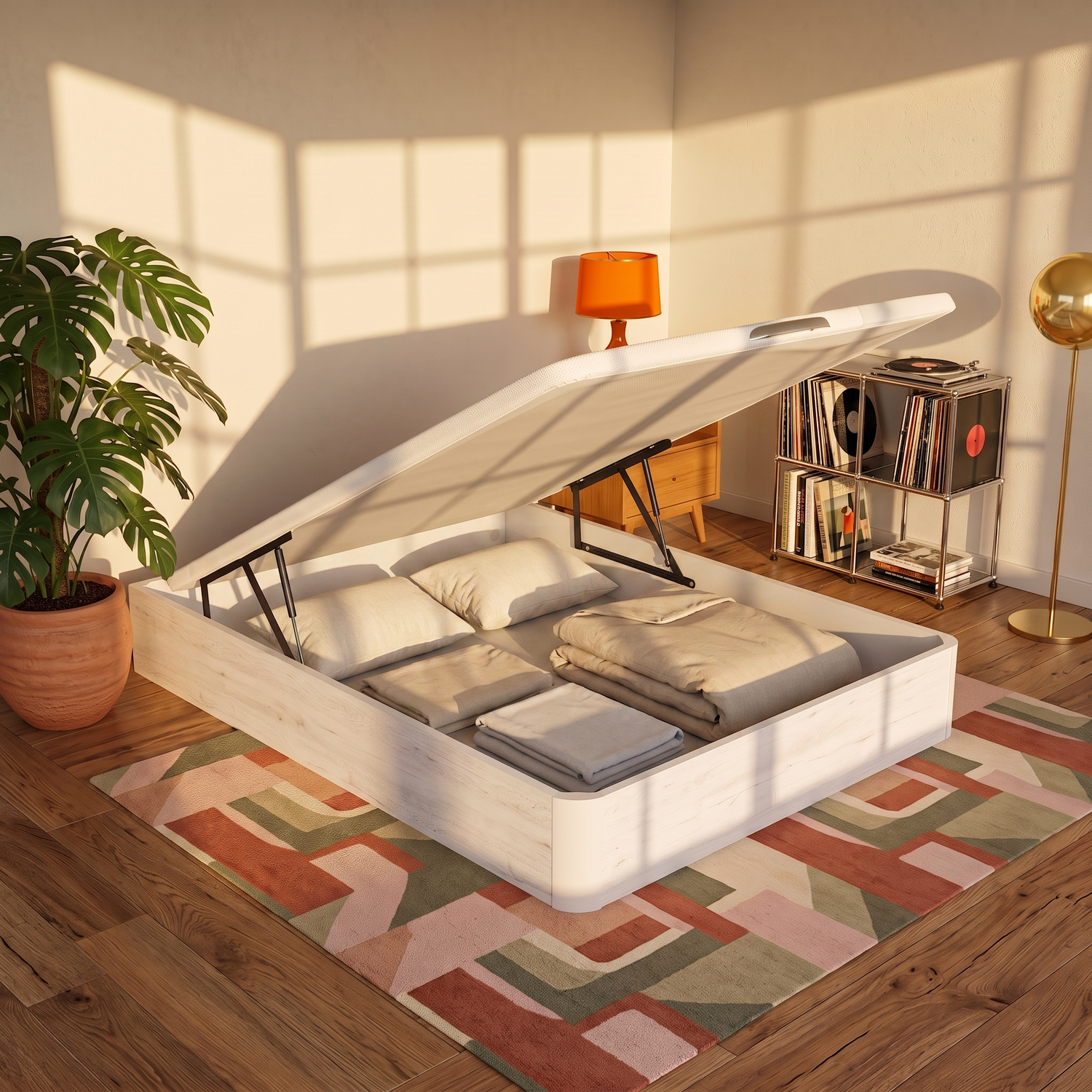 Una cama de madera con el somier levantado, revelando almohadas y ropa de cama guardada en una habitación soleada.