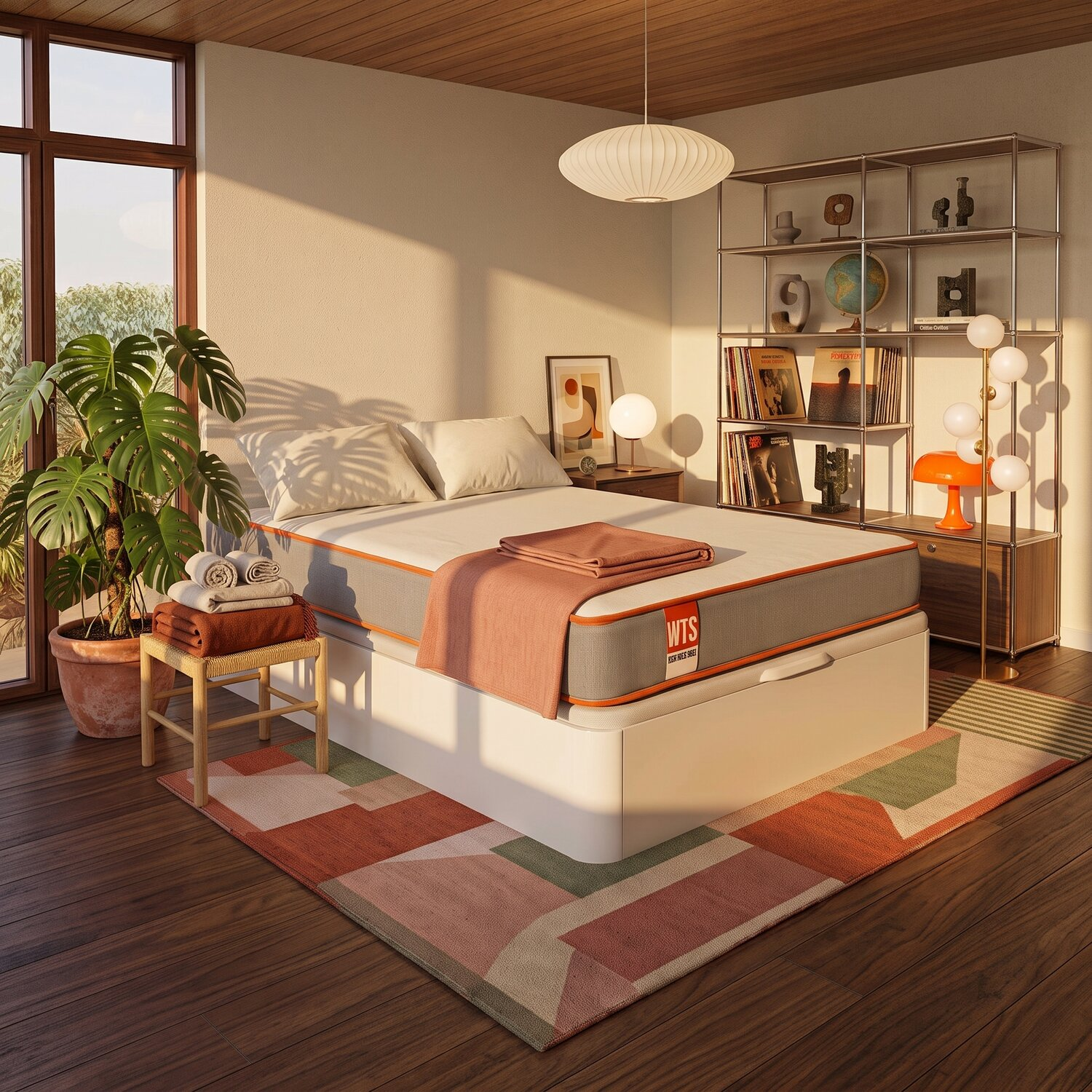 La luz del sol entra en un dormitorio acogedor con cama blanca, estantes, planta y alfombra.