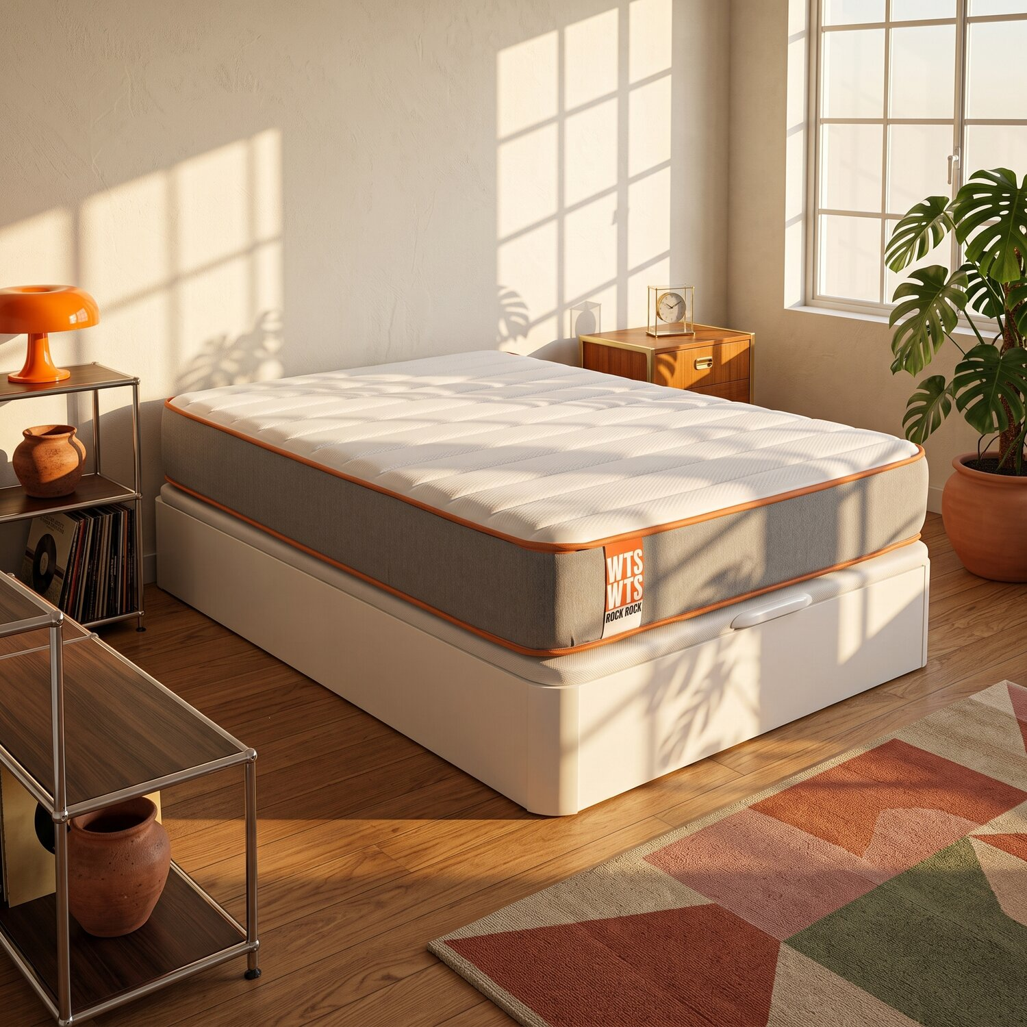 Una cama blanca y gris con borde naranja en una habitación soleada con mesita de noche, lámpara y planta.