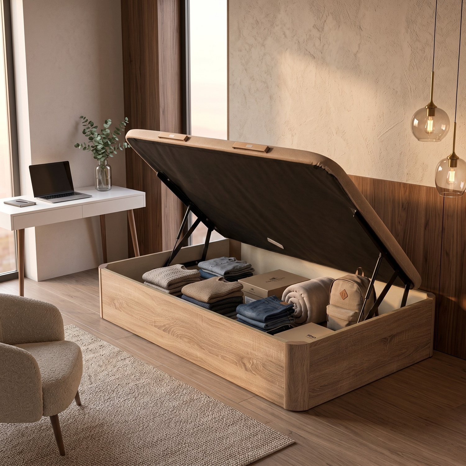 Una cama de madera con el somier levantado revela espacio de almacenamiento con ropa y cajas.