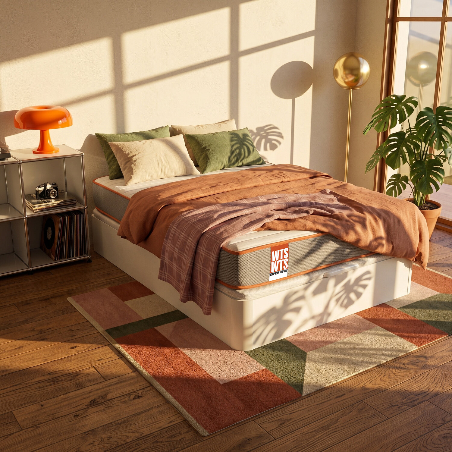Dormitorio soleado con cama hecha, mesita de noche, lámpara y planta en maceta sobre suelo de madera.