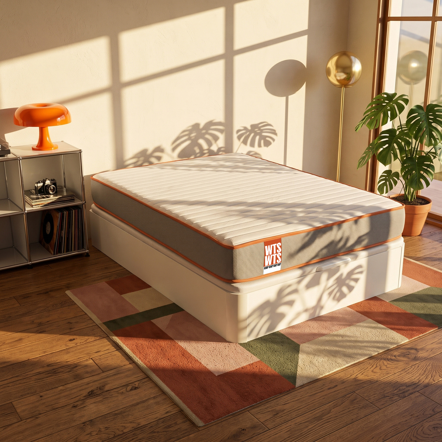 Una cama blanca con bordes naranjas sobre una alfombra colorida en una habitación soleada con una planta.