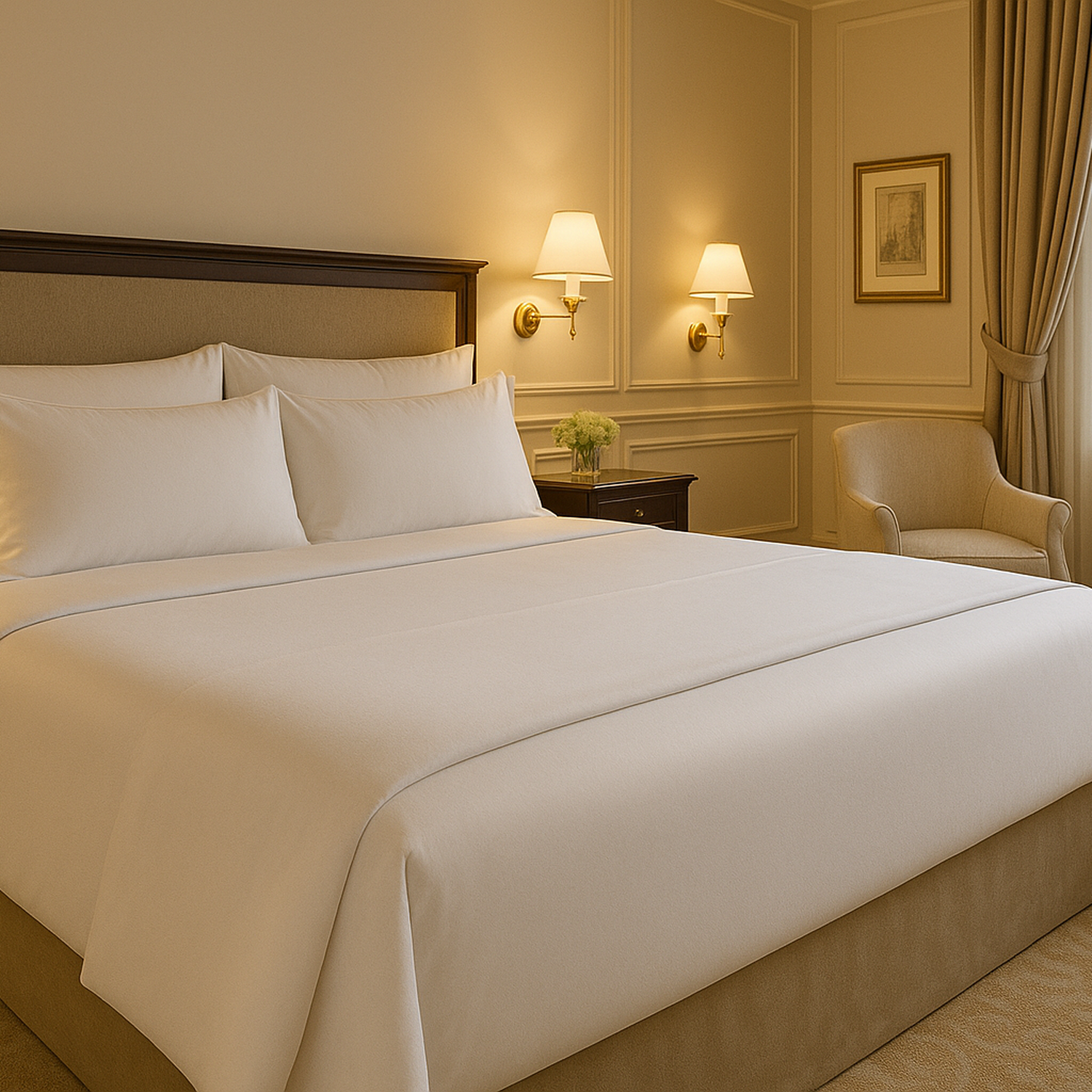 Lujosa habitación de hotel con una gran cama blanca, dos lámparas de pared y un sillón al fondo.