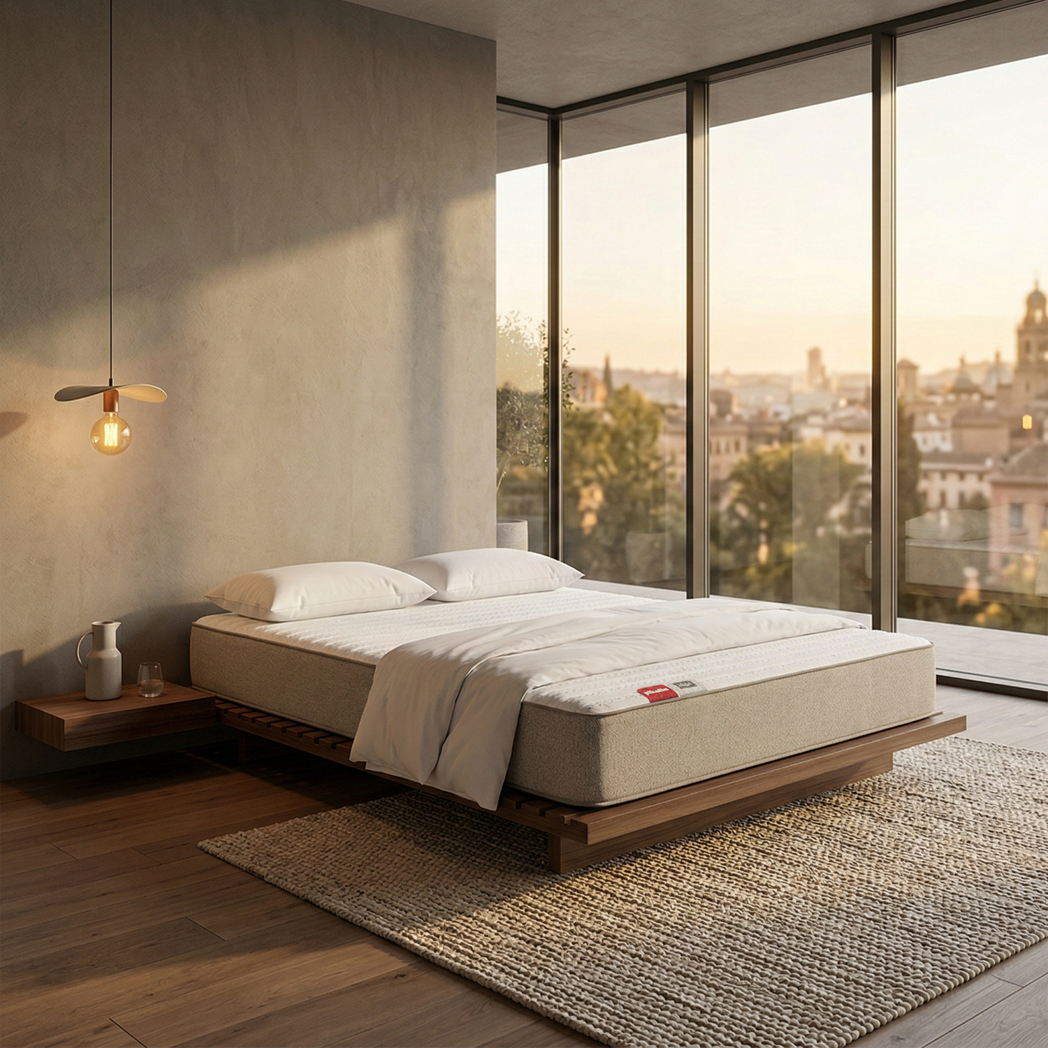 Dormitorio con cama de madera, alfombra, lámpara colgante y gran pared de cristal con vistas a la ciudad.