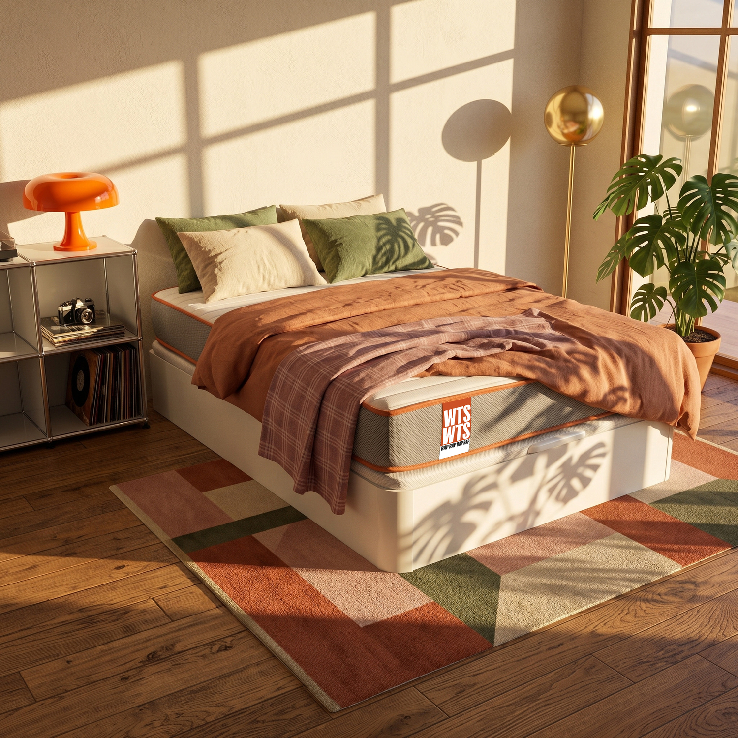 Un dormitorio soleado tiene una cama con ropa de cama naranja y verde, una lámpara naranja y una planta.
