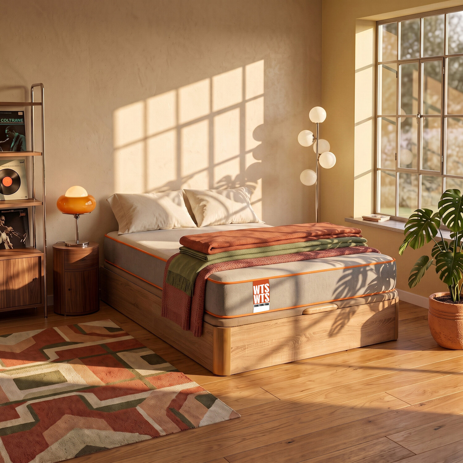 Un dormitorio soleado con una cama con mantas, mesita de noche con lámpara naranja, planta en maceta y alfombra geométrica.