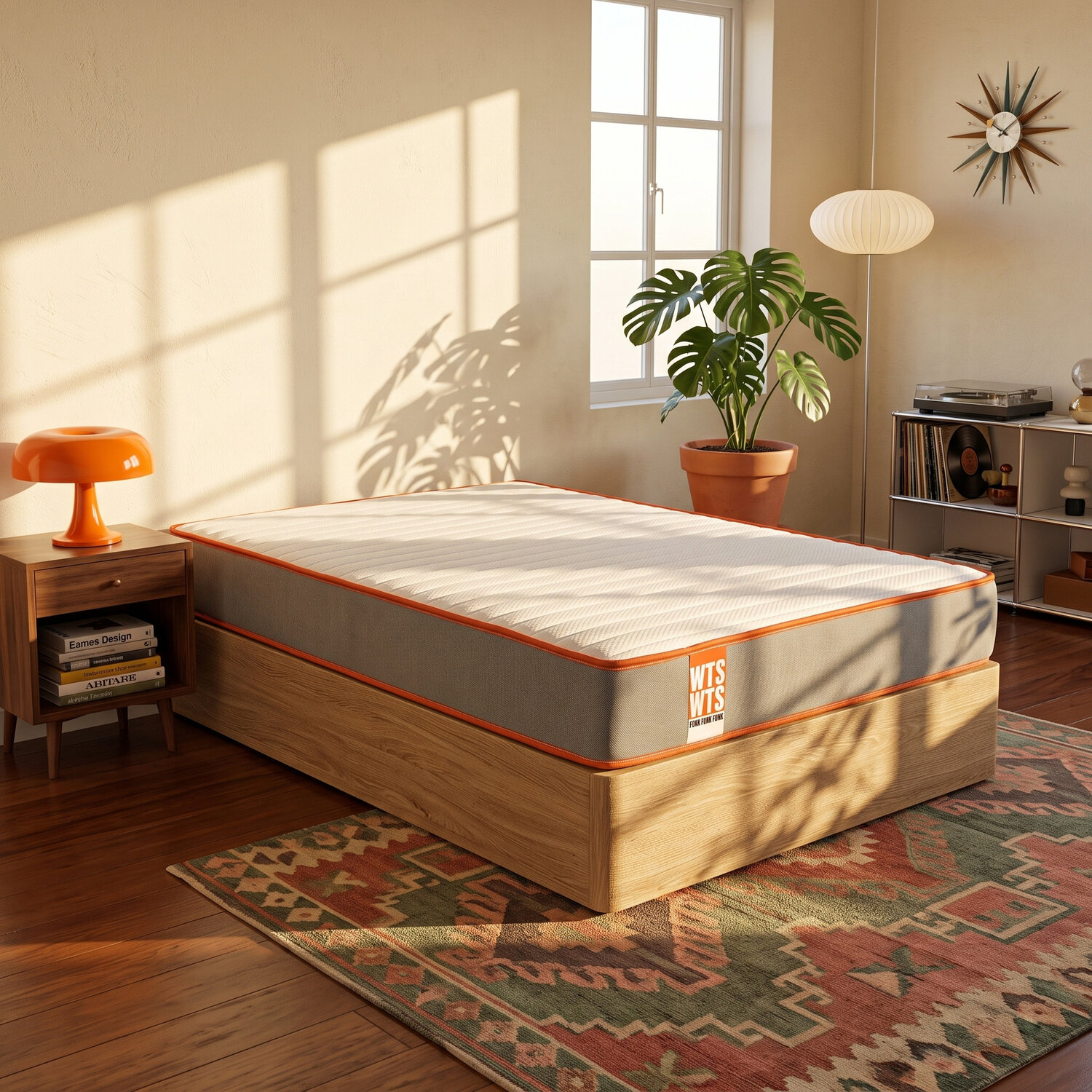 Un dormitorio acogedor con cama de madera, lámpara naranja y alfombra estampada al sol.