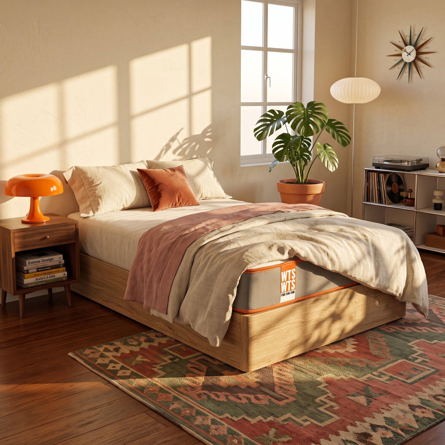 Un dormitorio soleado con cama de madera, lámpara naranja, planta en maceta y alfombra estampada.