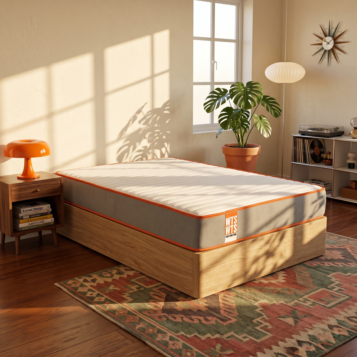 Un dormitorio acogedor con cama de madera, lámpara naranja, planta monstera y una alfombra estampada en el suelo.