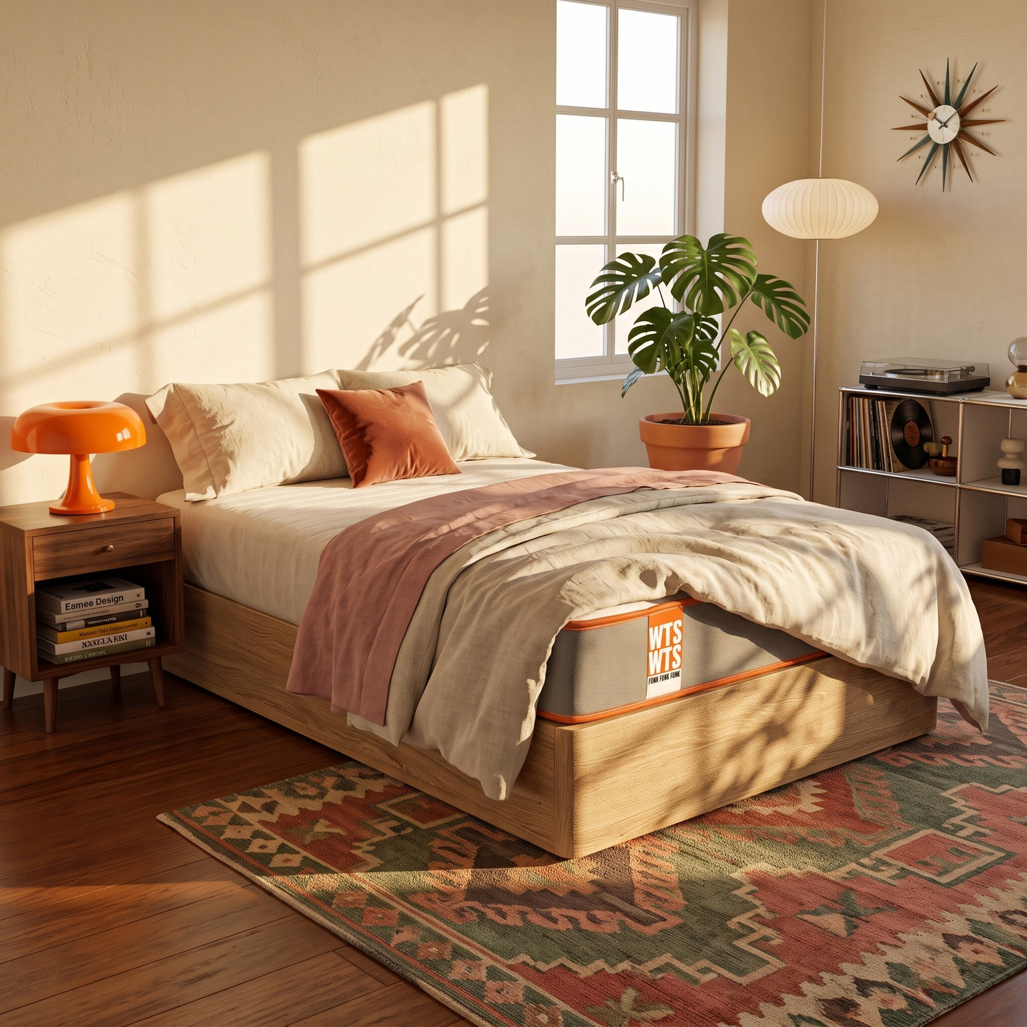 Dormitorio soleado con cama de madera, lámpara naranja, planta, alfombra y estante.