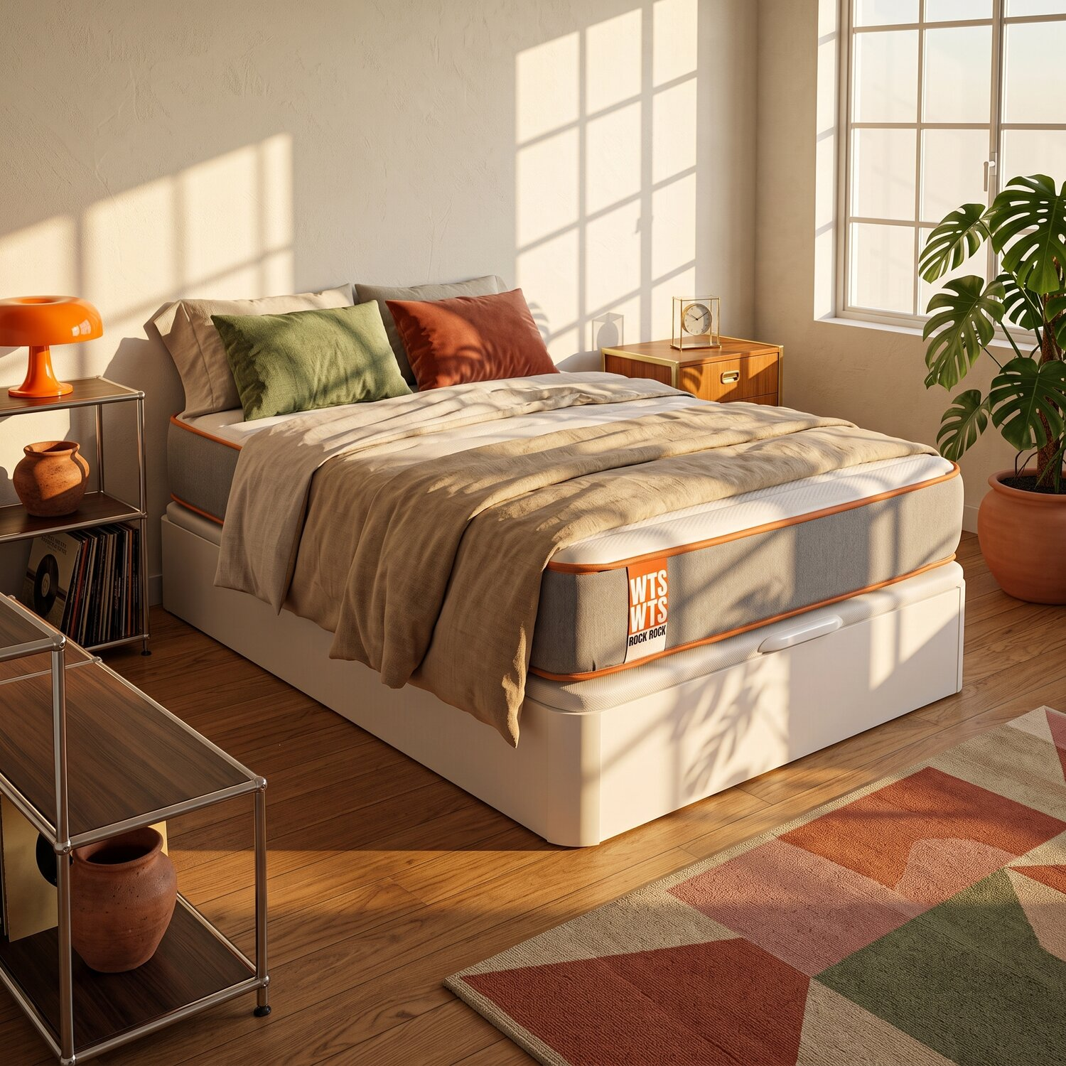 Un dormitorio soleado con una cama con cojines verdes y rojos, mesita de noche, planta en maceta y alfombra colorida.