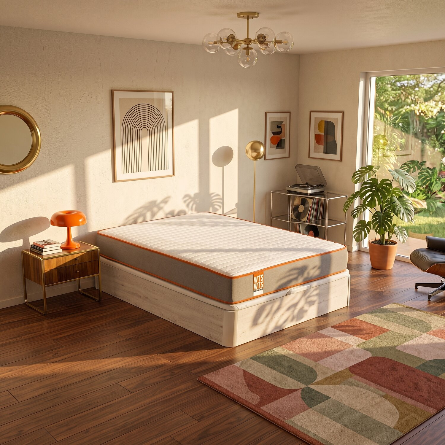 La luz del sol ilumina un dormitorio luminoso con una cama sobre suelo de madera, arte mural y plantas.