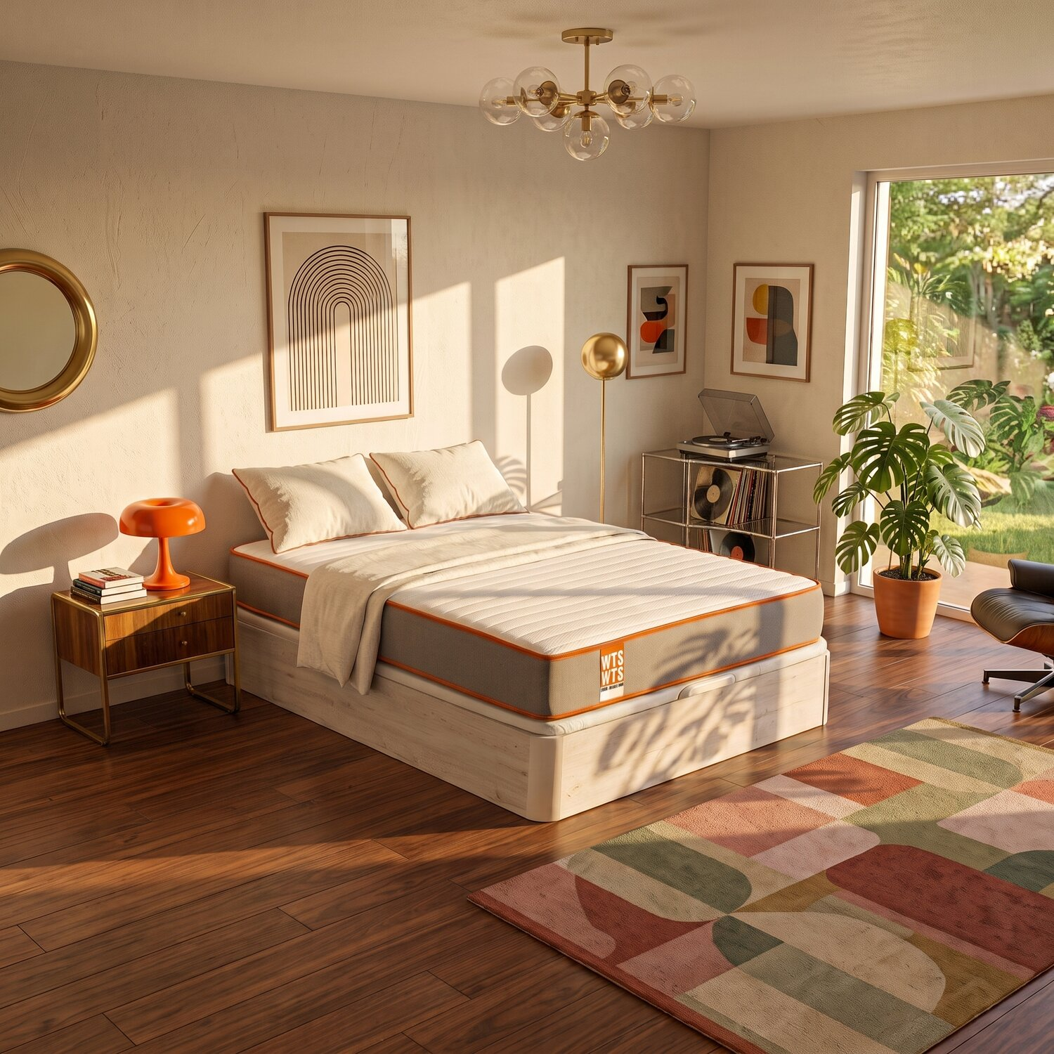 Dormitorio soleado con cama, suelo de madera, alfombra estampada, lámpara de noche, plantas y grandes ventanales al jardín.