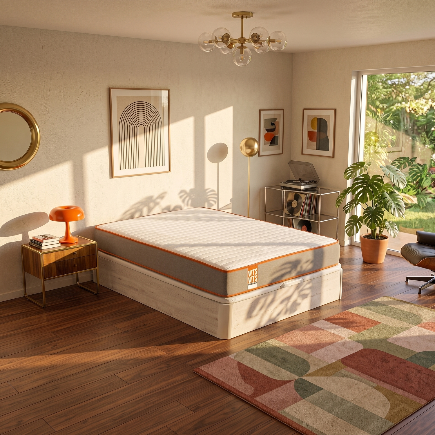 Un dormitorio soleado con una cama doble, suelos de madera, arte mural, una planta en maceta y una alfombra colorida.