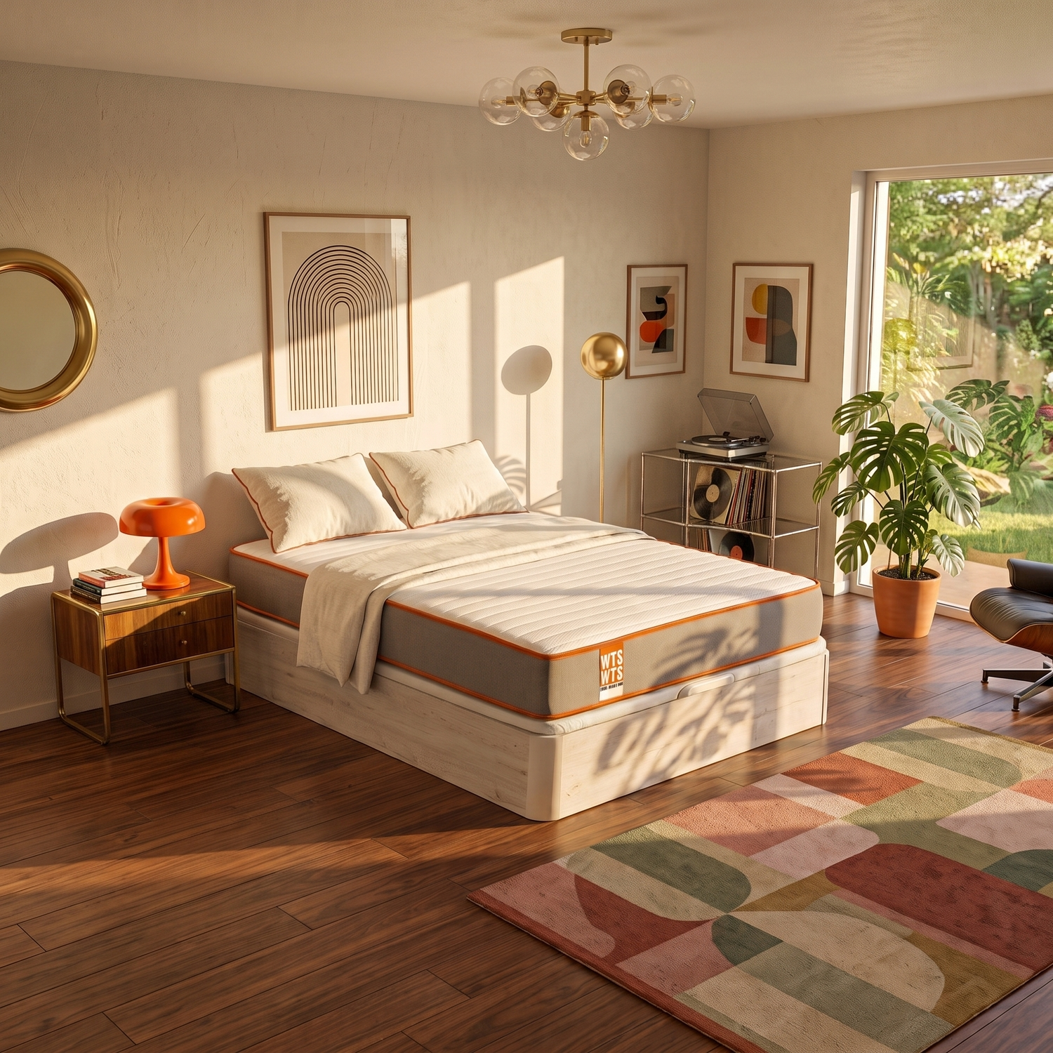Un dormitorio soleado con una cama de madera, una alfombra colorida y arte.