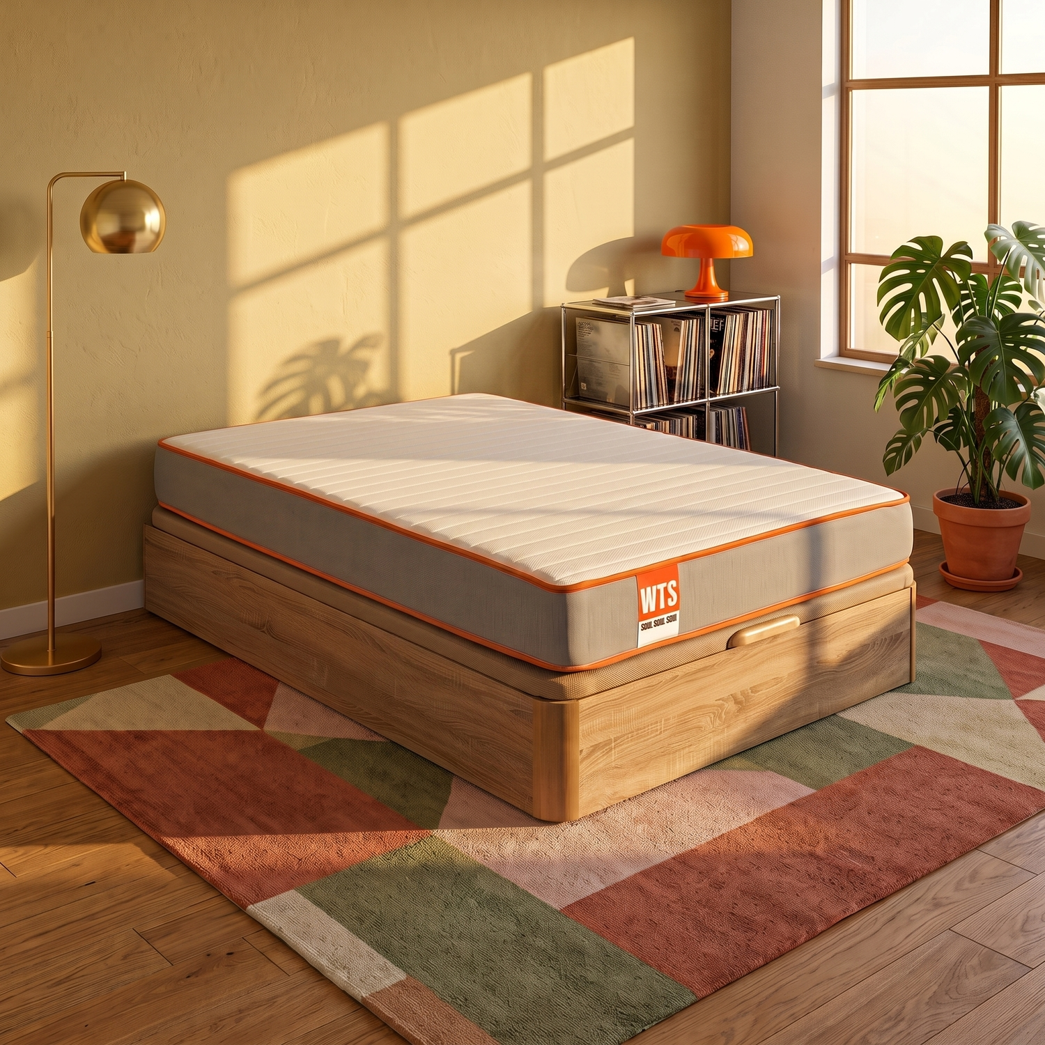 Cama de madera con colchón naranja y gris sobre alfombra colorida en habitación soleada con planta y lámpara.