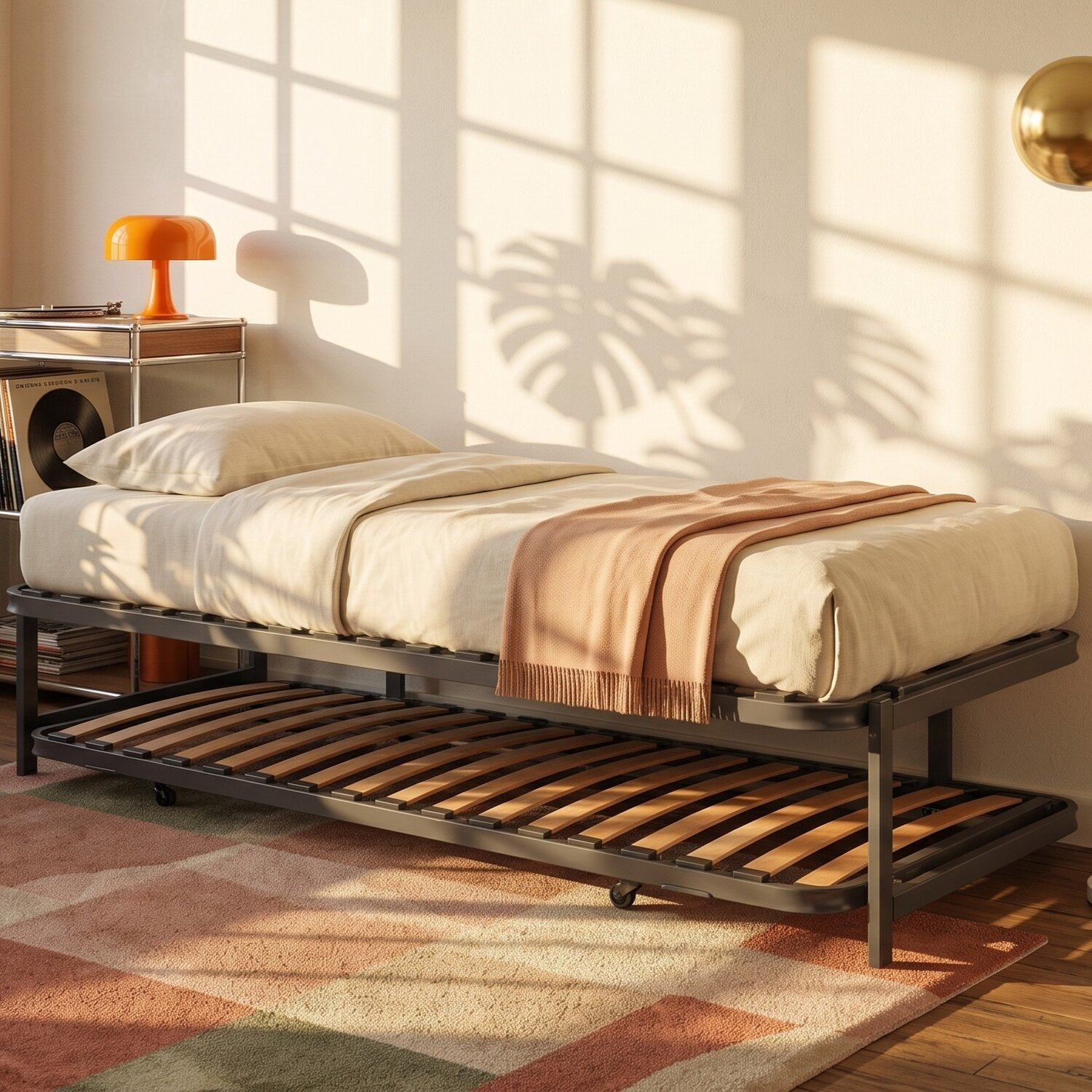 Una cama nido de metal sobre una alfombra estampada en una habitación soleada.