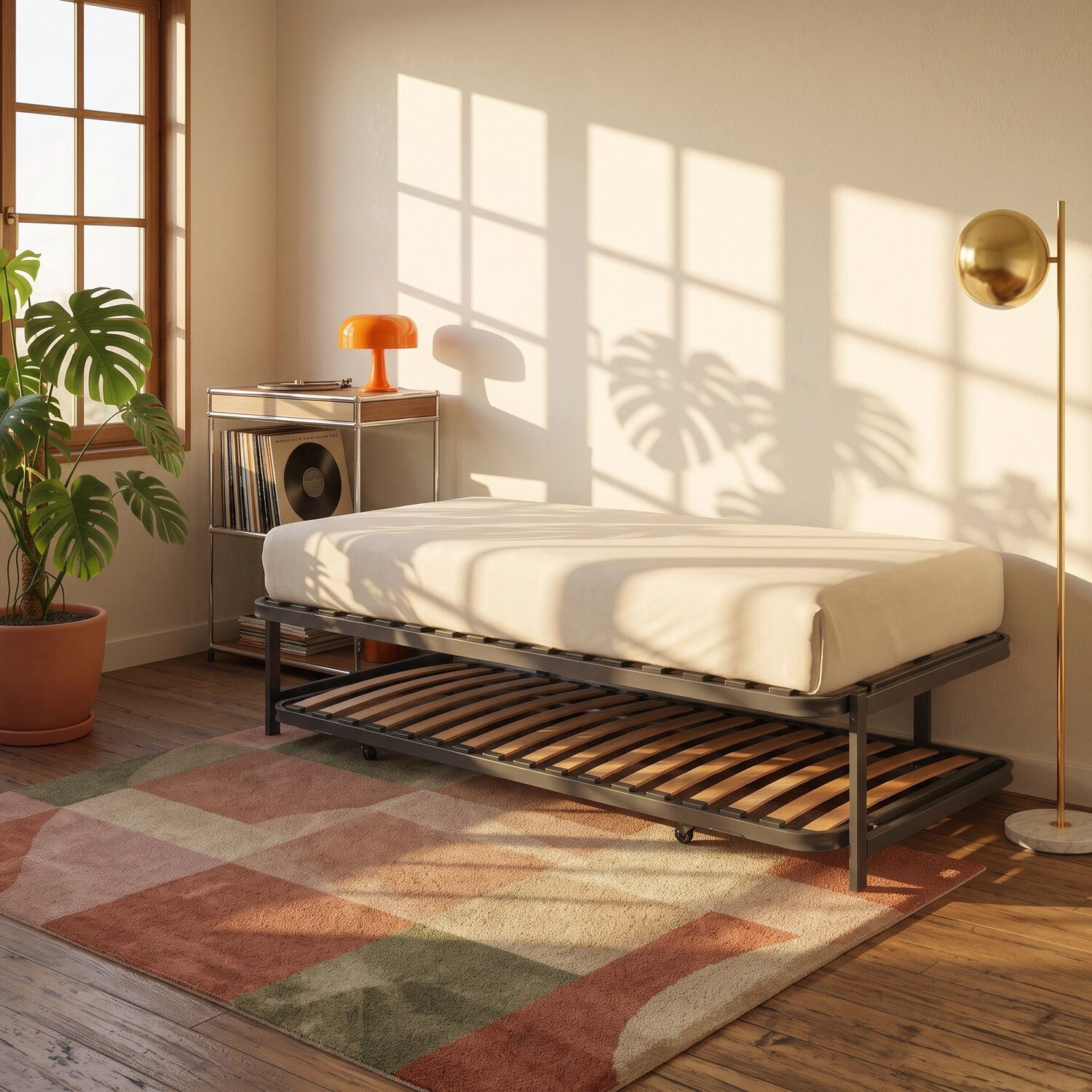 Una habitación acogida con una cama de día, una alfombra estampada, una planta y luz solar brillante por la ventana.