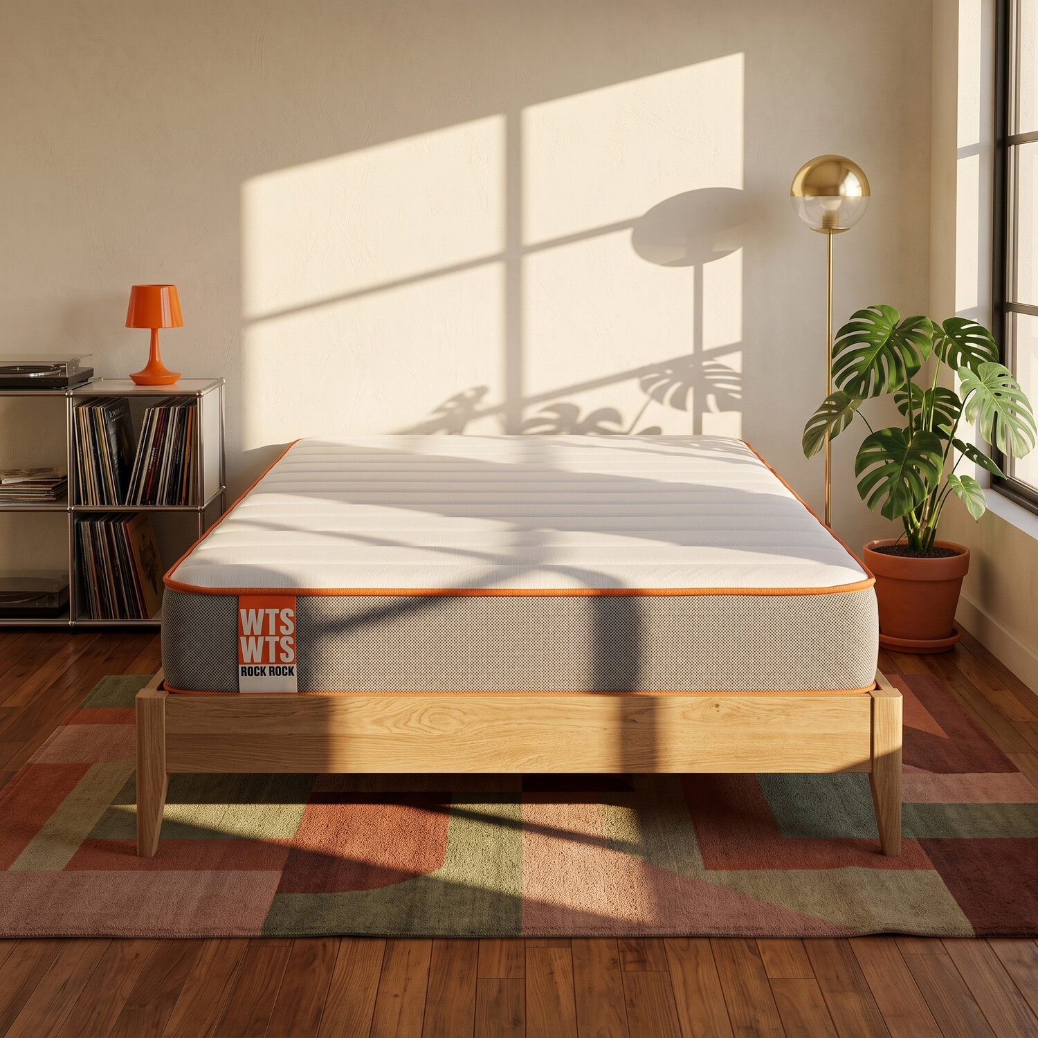 Una cama de madera con colchón sobre una alfombra en una habitación soleada con lámpara y planta.