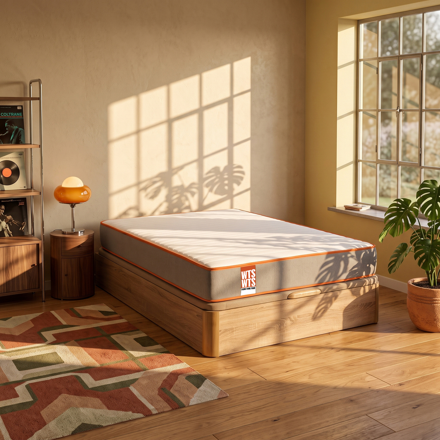Un dormitorio con cama de madera, alfombra, lámpara naranja y gran ventana proyectando sombras.