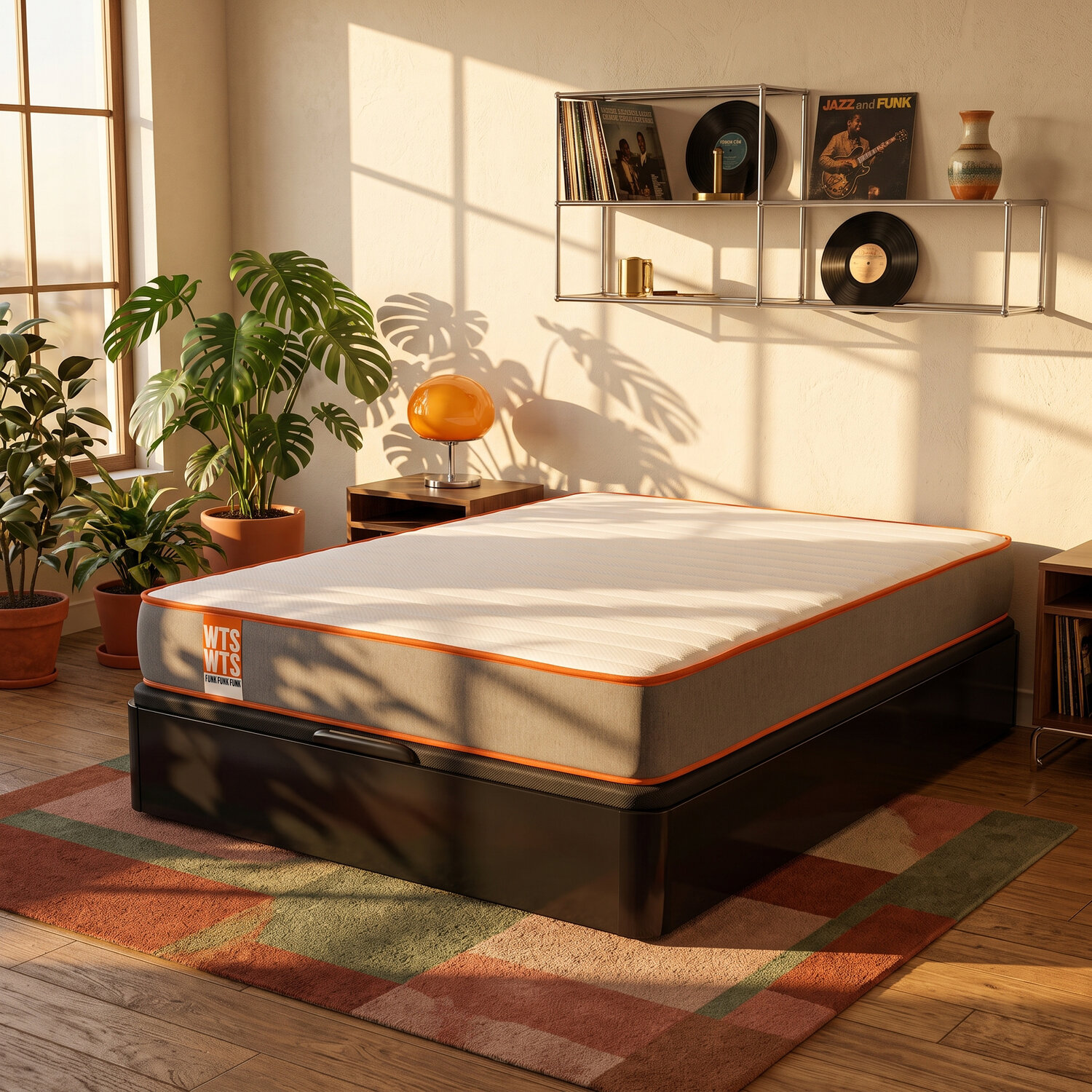 Una cama con colchón naranja y gris sobre una alfombra en una habitación soleada con plantas y estantes.