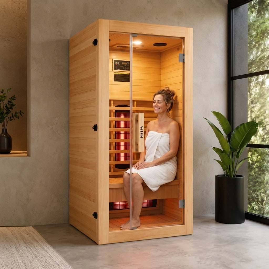 Una mujer sonriente envuelta en una toalla se relaja en una sauna infrarroja de madera.