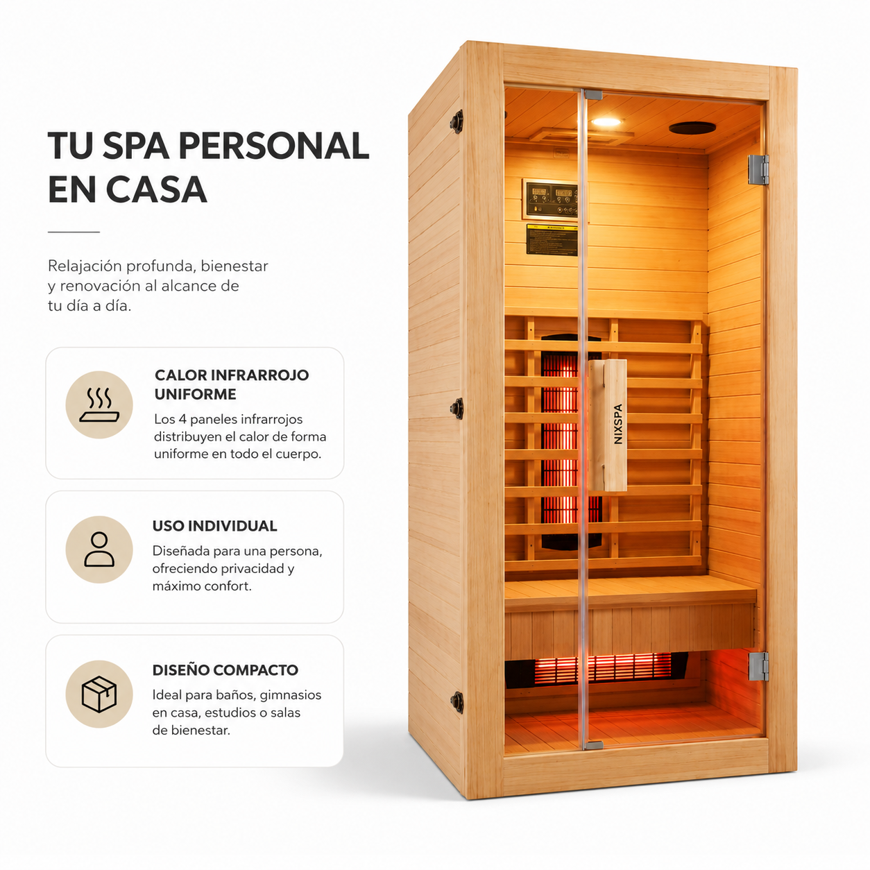 Una sauna individual de madera con paneles infrarrojos, puerta de vidrio y panel de control, junto a texto.