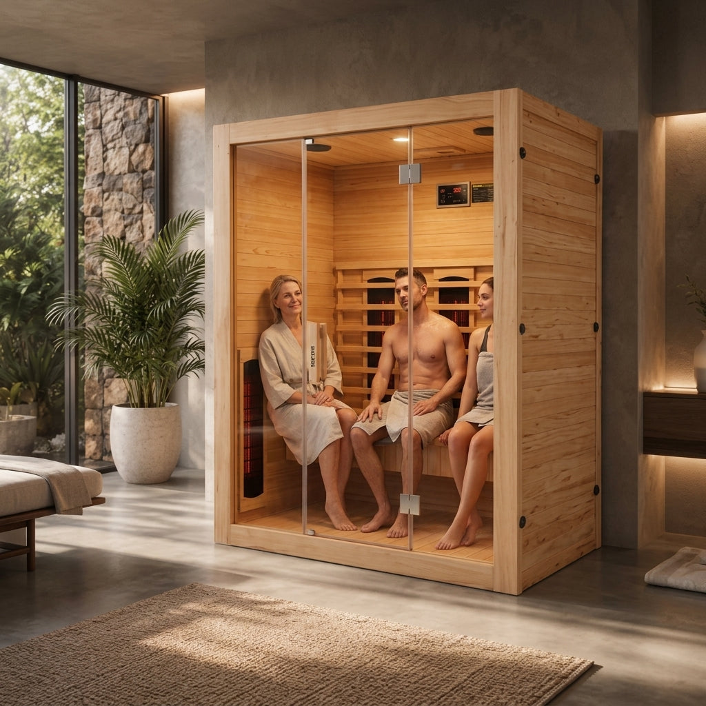 Tres personas se relajan dentro de una sauna de madera en una habitación moderna con grandes ventanas.