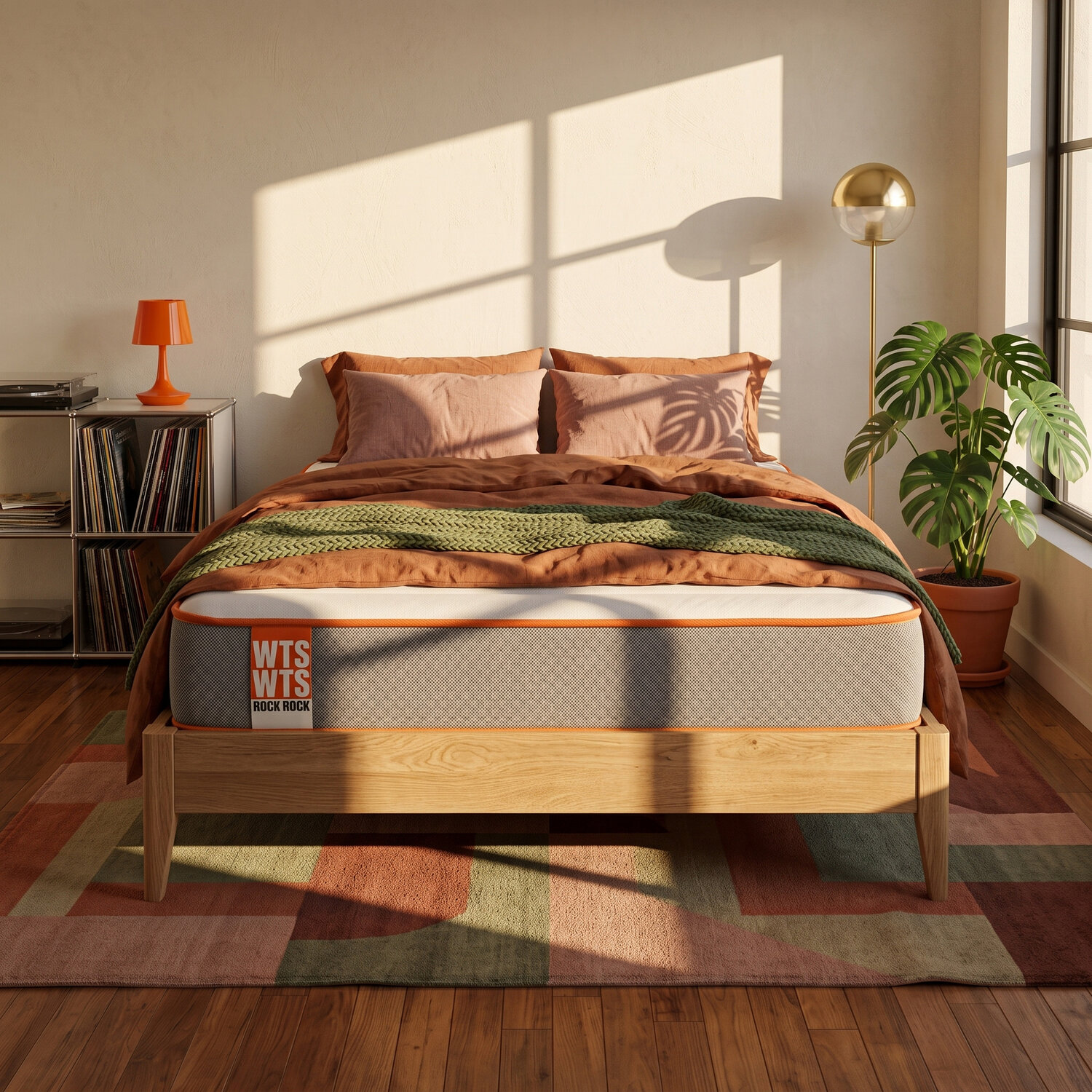 Un dormitorio acogedor con cama de madera, ropa de cama naranja, manta verde y plantas bajo luz solar.