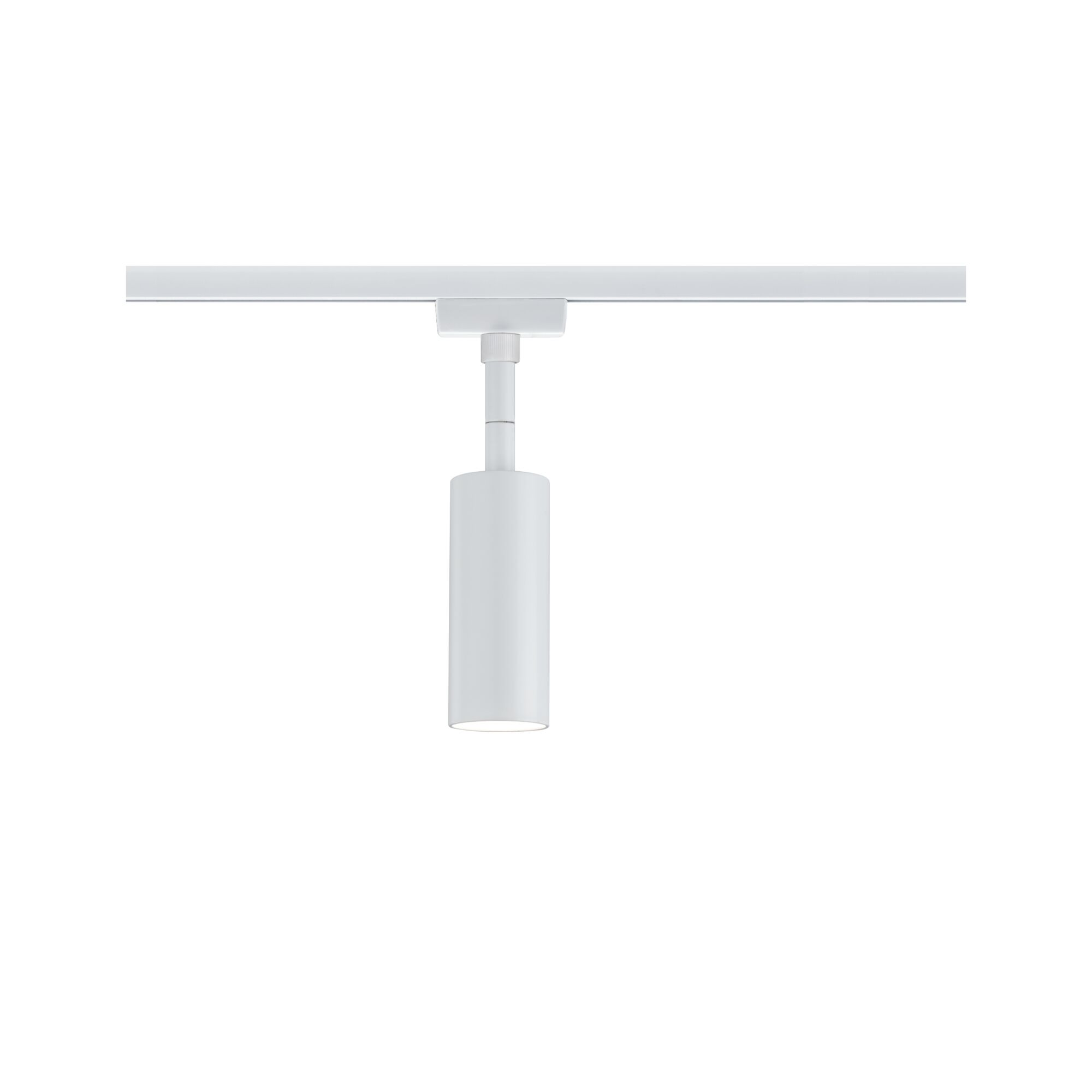 Ein weißer zylindrischer LED-Strahler ist an einer weißen Schiene befestigt.