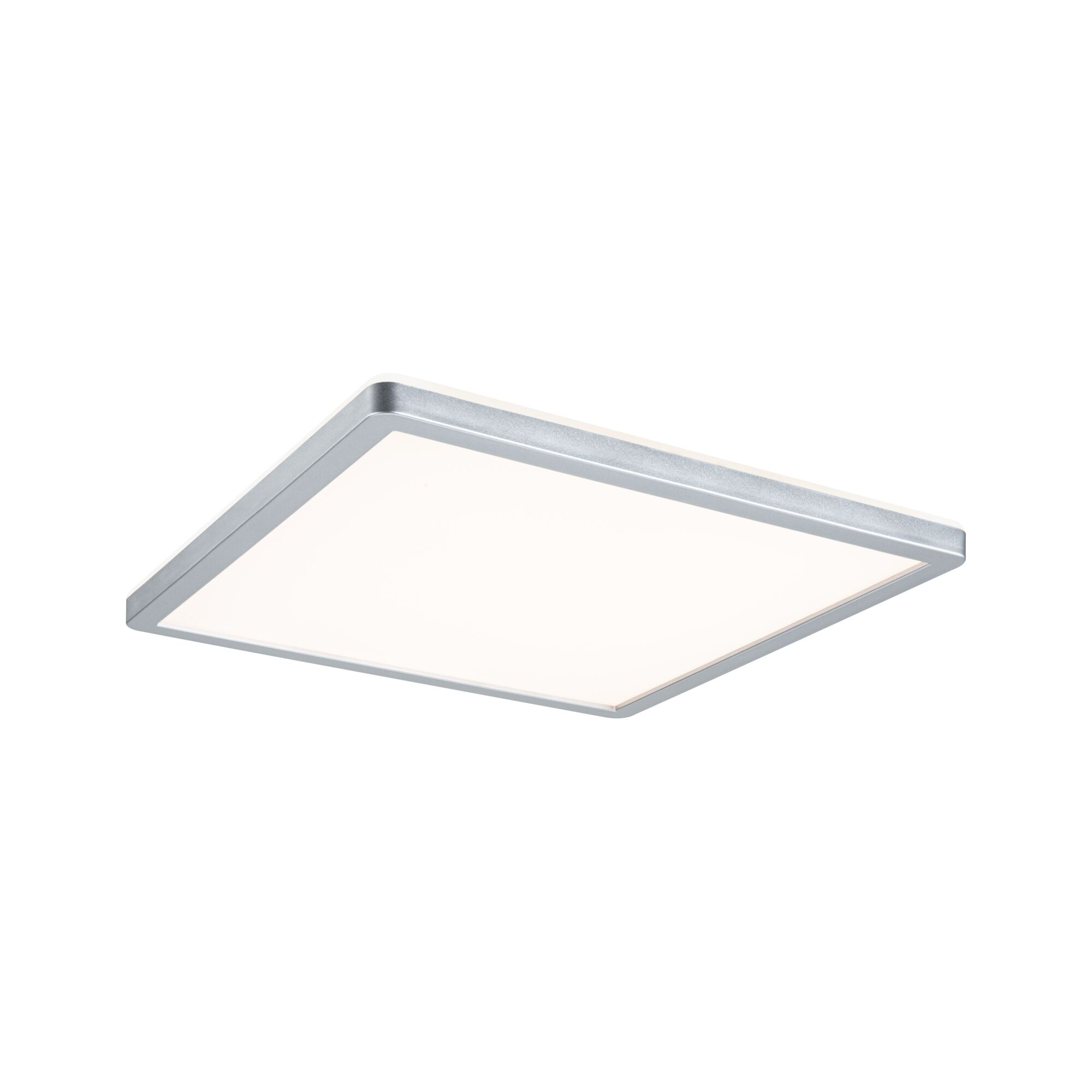 Eine moderne quadratische LED-Deckenleuchte mit silbernem Rahmen und weißem Diffusor vor weißem Hintergrund.