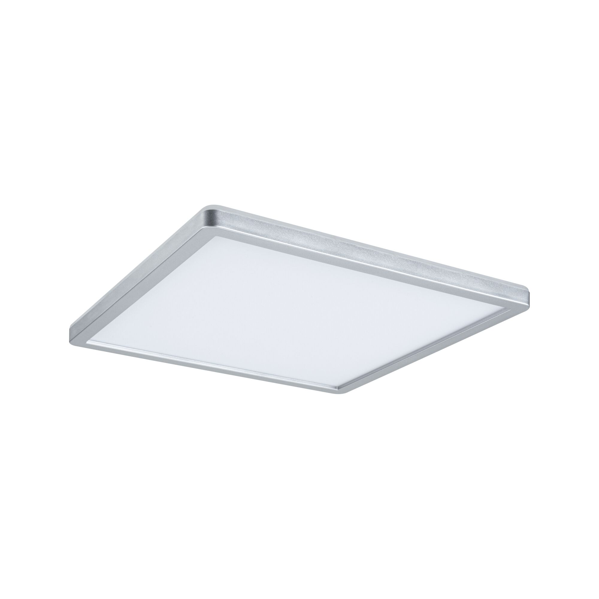 Eine quadratische, silberne LED-Deckenleuchte mit weißem Diffusor auf weißem Hintergrund.