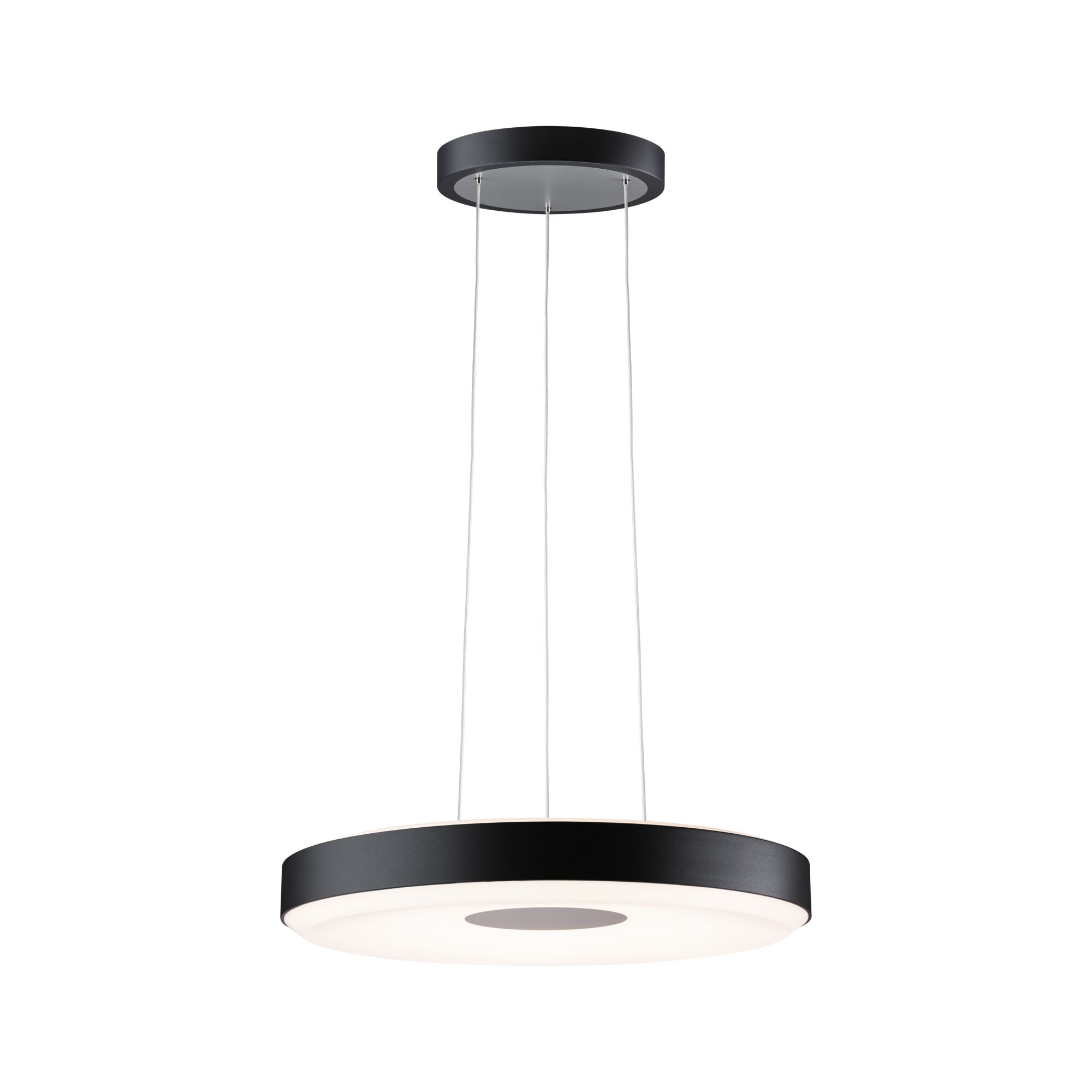 Moderne runde Hängeleuchte in Mattschwarz mit weißem Lichtfeld.
