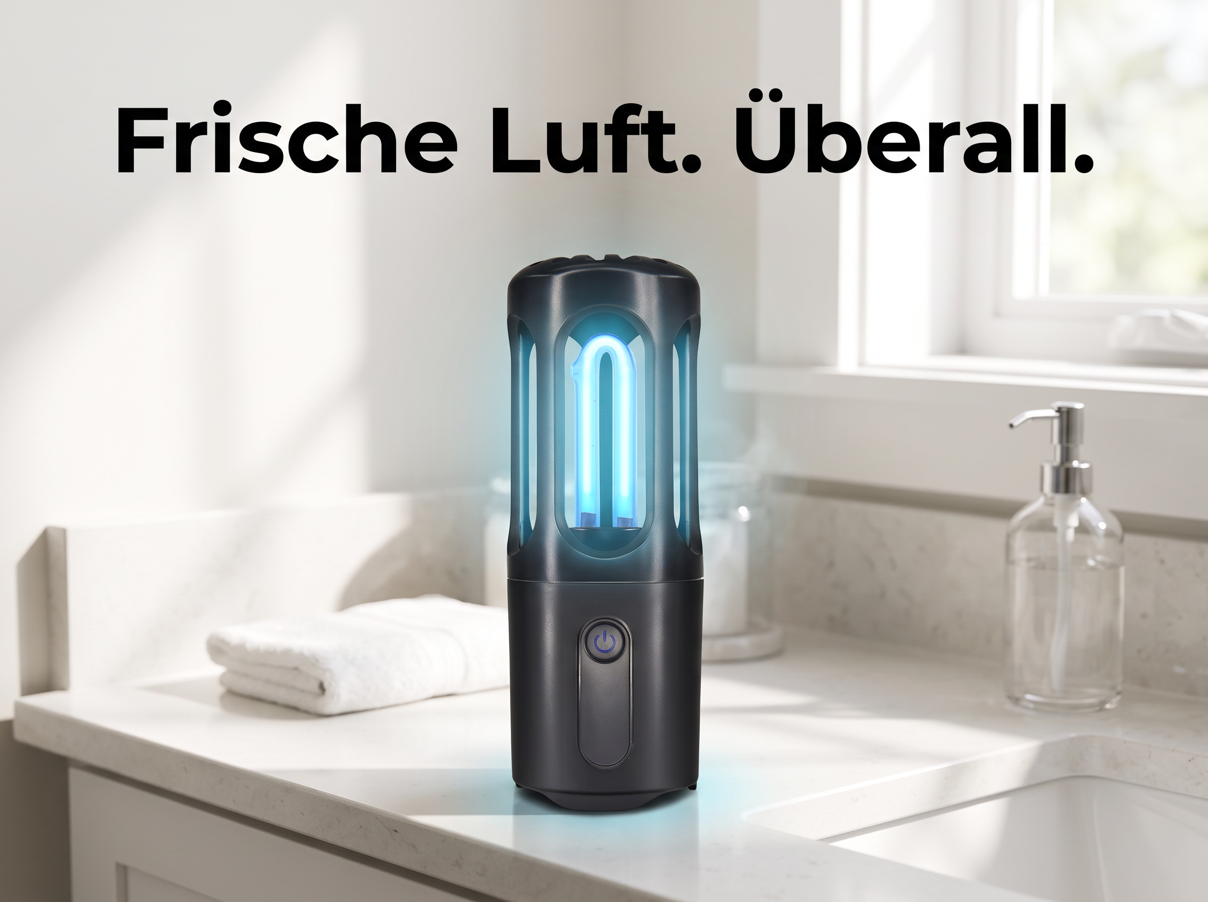 Ein schwarzes UV-Licht-Gerät steht auf einem weißen Waschtisch neben Handtüchern und Seifenspender.