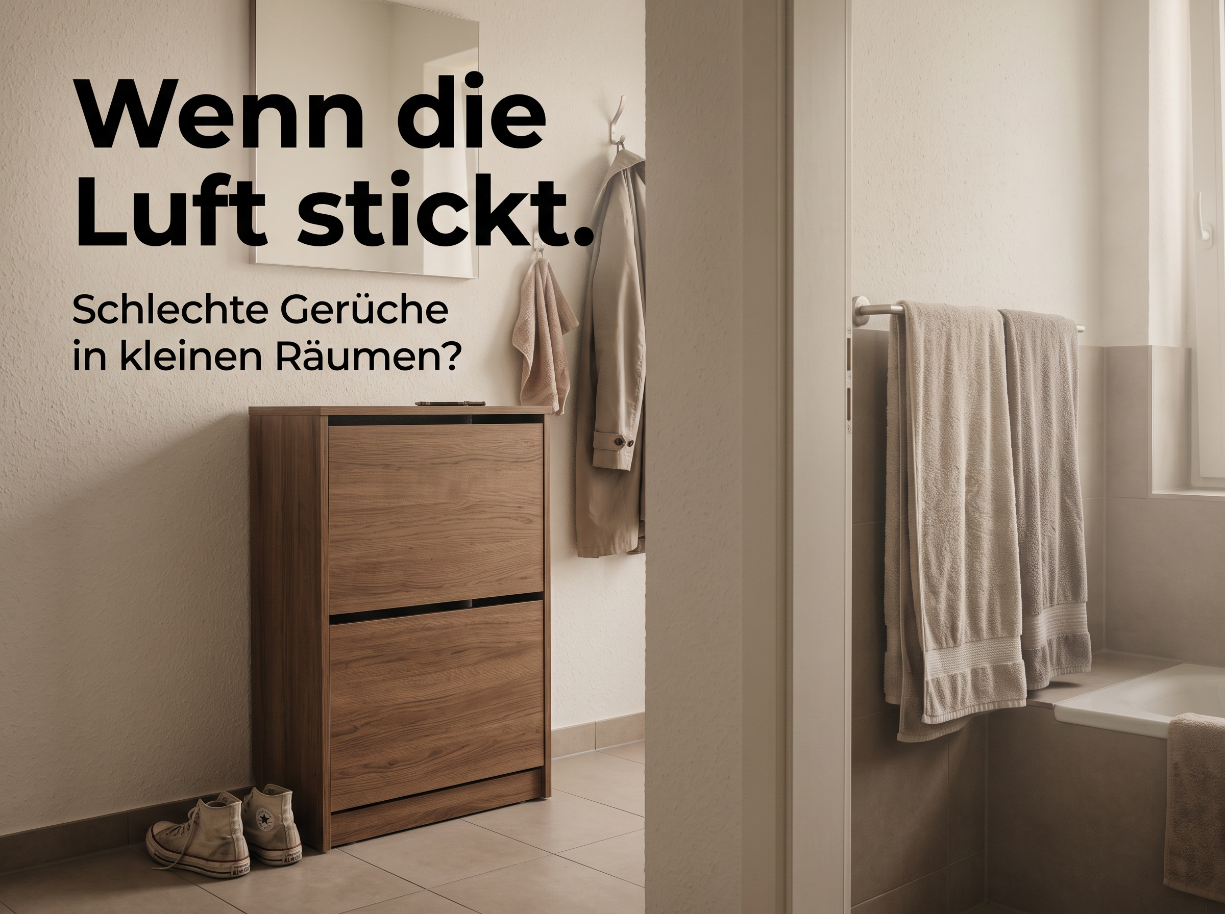 Ein Flur mit Holzkasten, Schuhen und Spiegel, daneben ein Badezimmer mit Badewanne und Handtüchern.