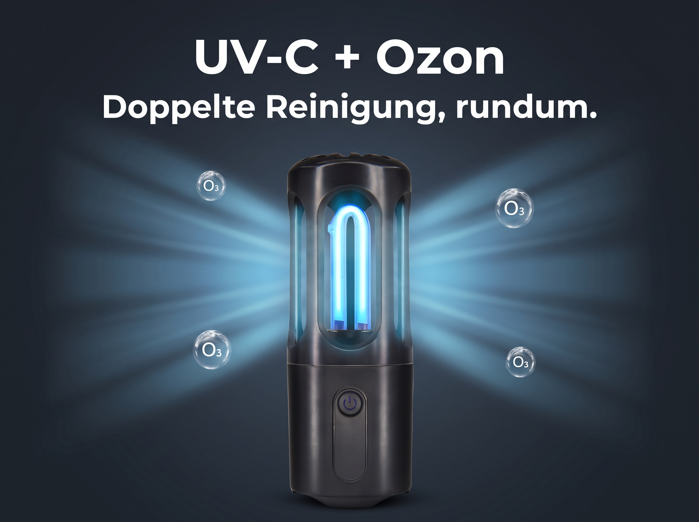 Schwarzes UV-C-Ozon-Gerät mit blauem Licht und O3-Blasen auf dunkelblauem Grund mit Text.
