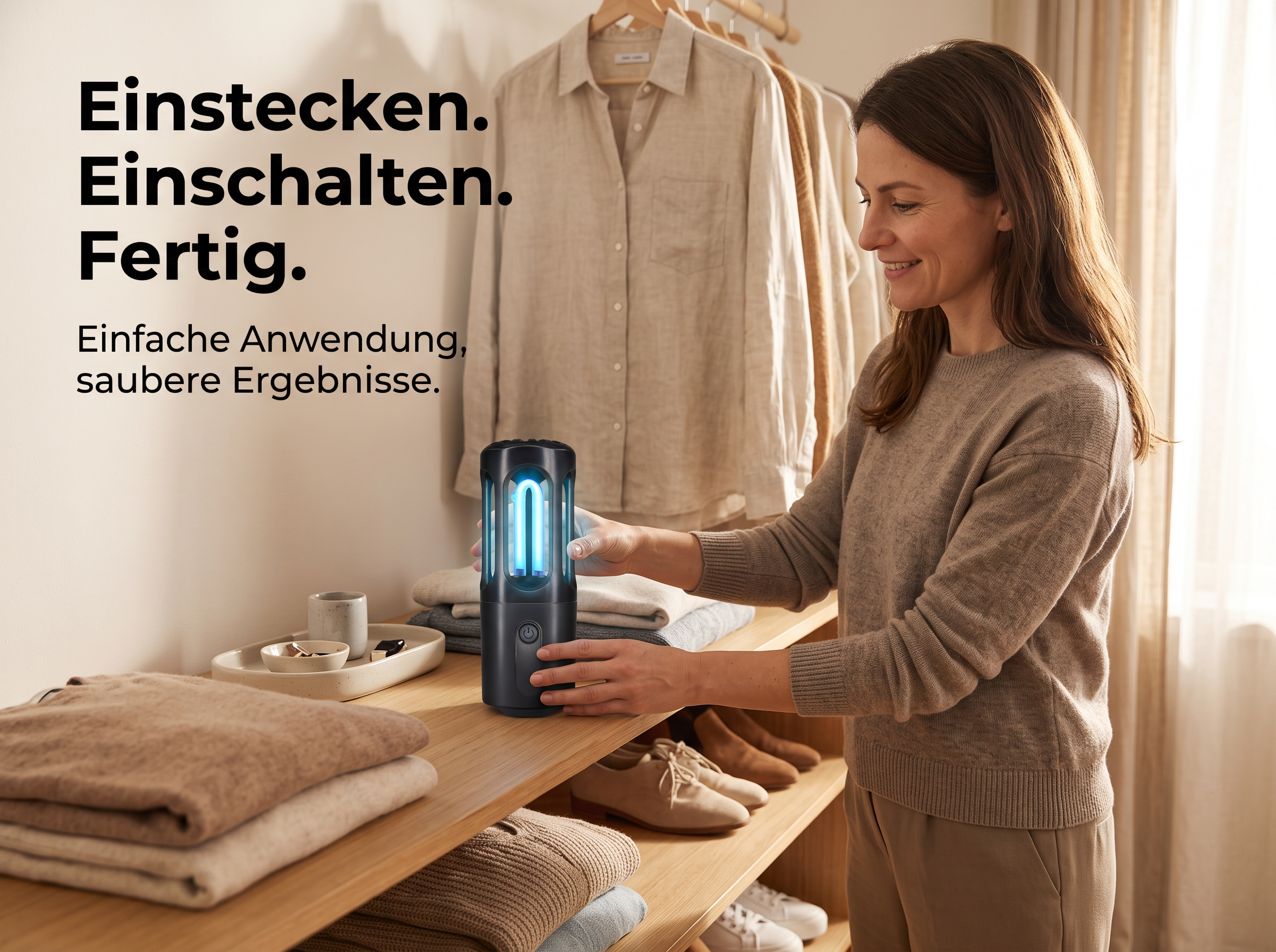 Eine Frau platziert eine schwarze UV-Falle auf einem Regal voller Kleidung, mit deutschem Werbetext.