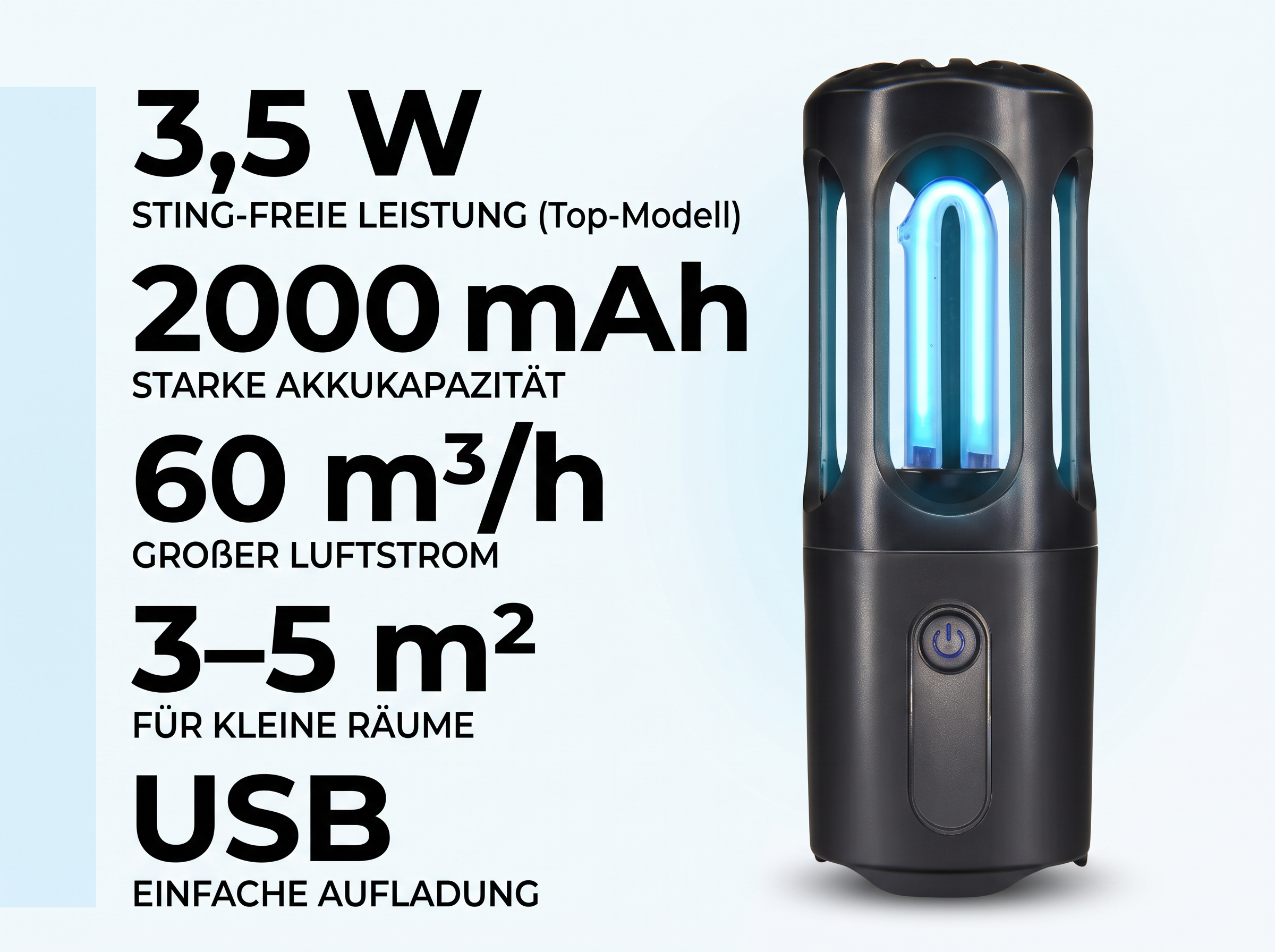 Schwarzes UV-Gerät mit blauer Röhre und Produkttexten.