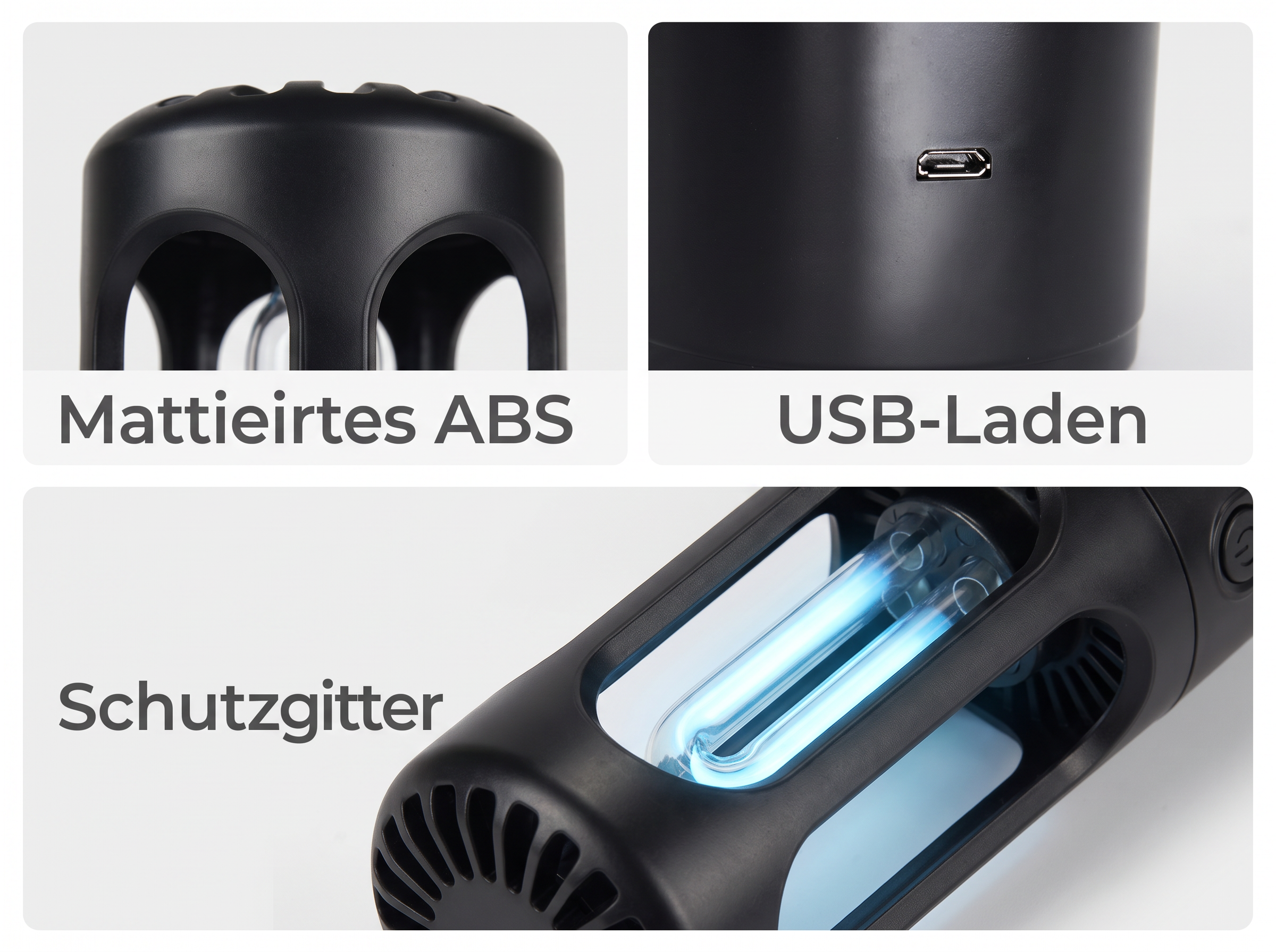 Drei Nahaufnahmen eines schwarzen Insektenvernichters mit mattem ABS, USB-Ladeanschluss und Schutzgitter.