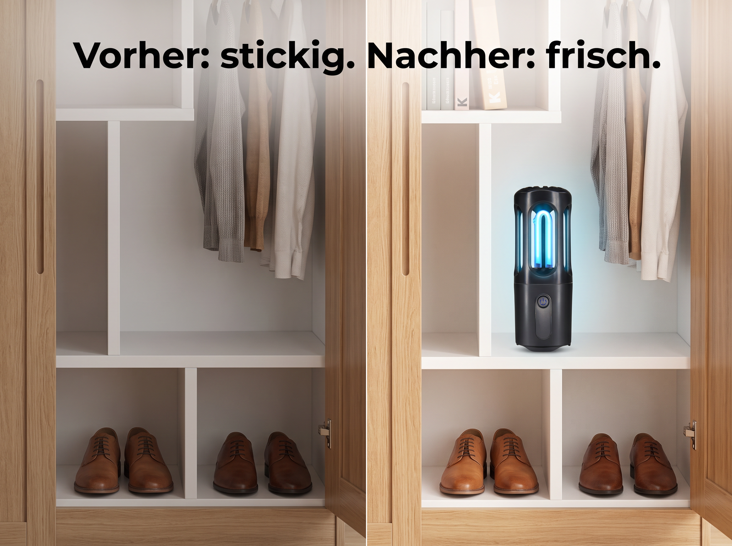 Vergleich eines Kleiderschranks vorher ohne und nachher mit UV-Luftreiniger.